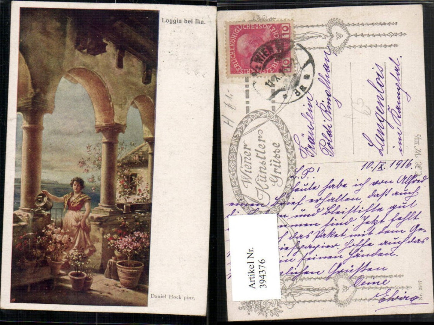 394376,Künstler AK Daniel Hock Loggia bei Ika Frau m. Kleid Gießkanne Blumen