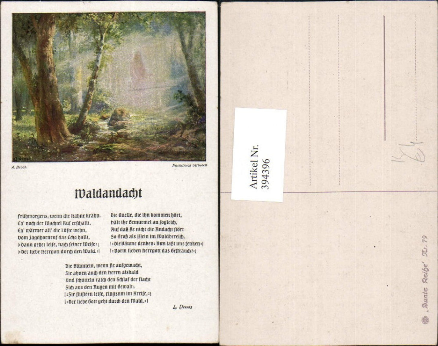 394396,Künstler AK A. Broch Waldandacht Wald Erscheinung Text