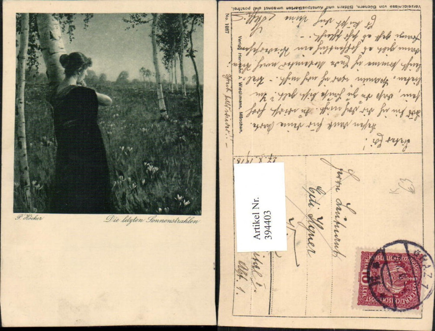 394403,Künstler AK P. Höcker Die letzten Sonnenstrahlen Frau Landschaft Birken