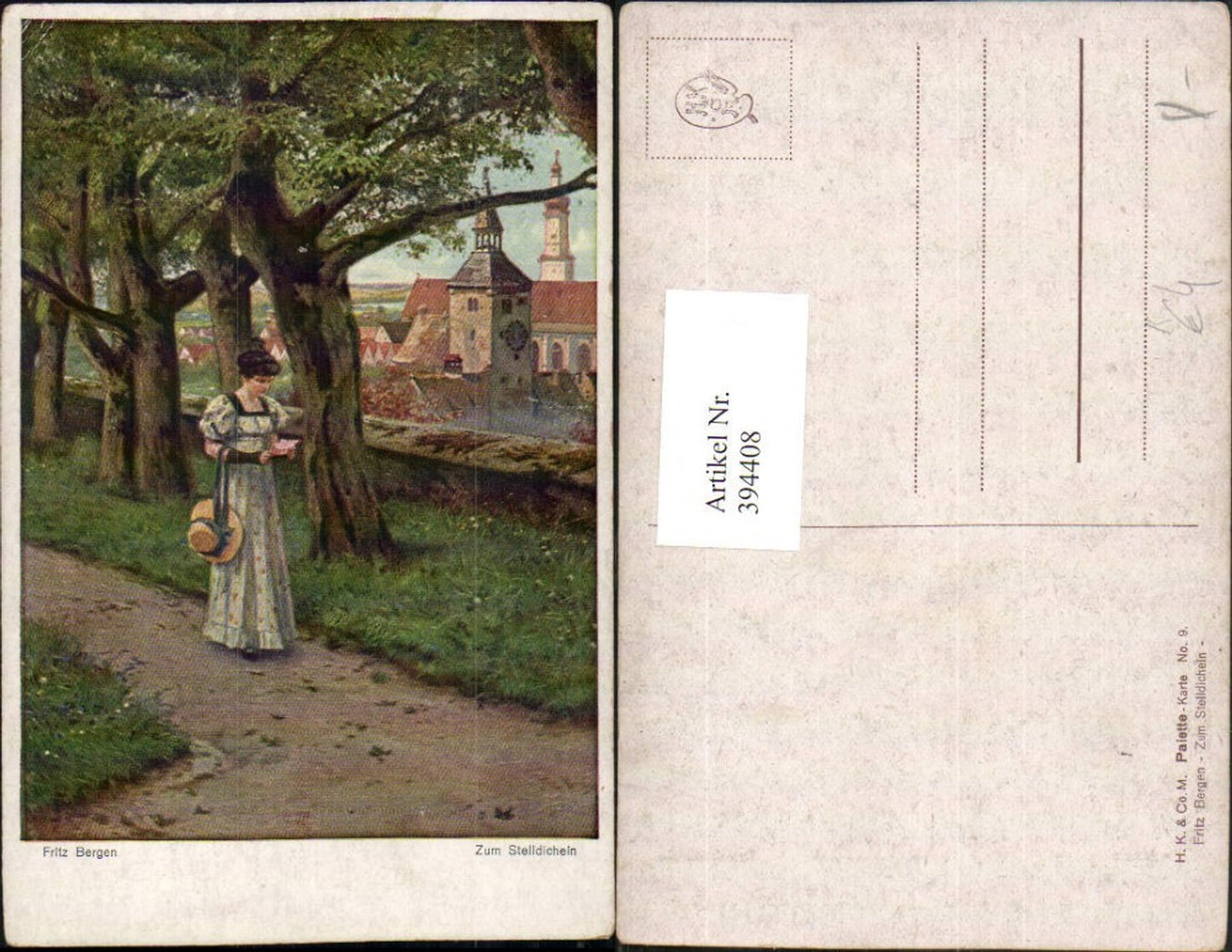 394408, Artist AK Fritz Bergen, Rendezvous with Woman in Dress and Hat