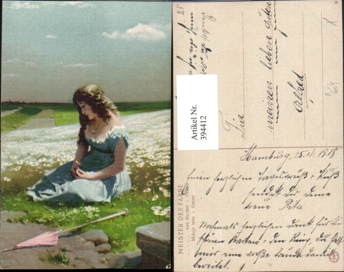 394412,Künstler AK Oracle Miluje mne Szeret Frau m. Kleid Schirm Blumenwiese