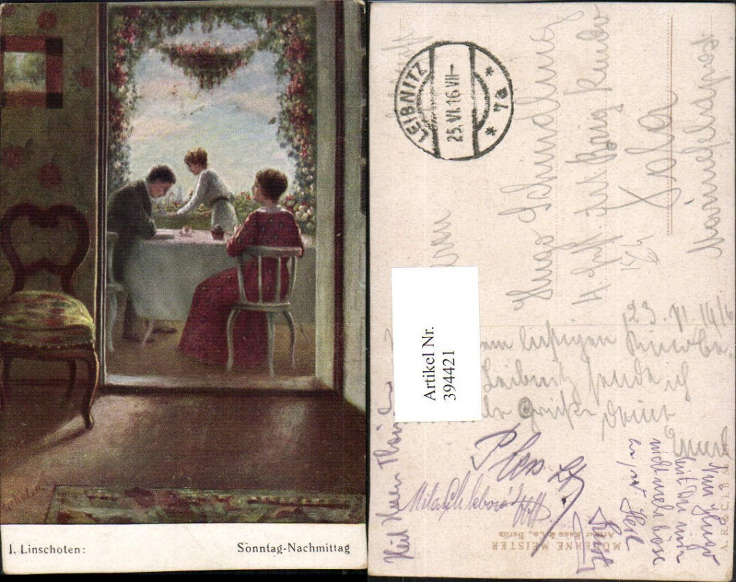 394421,Künstler AK J. Linschoten Sonntag-Nachmittag Personen Terrasse
