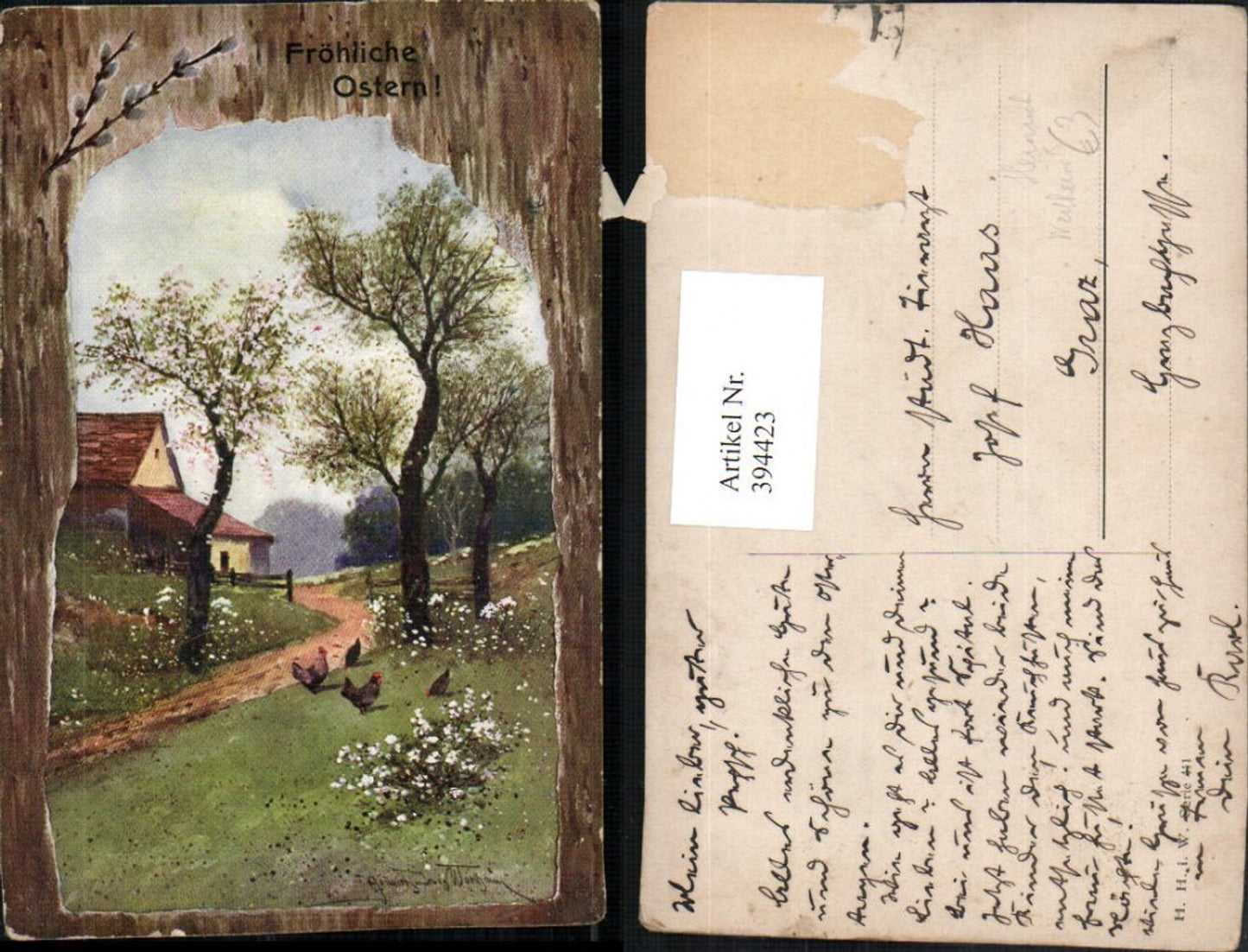 394423,Künstler AK Heinrich Wertheim Ostern Landschaft Hühner