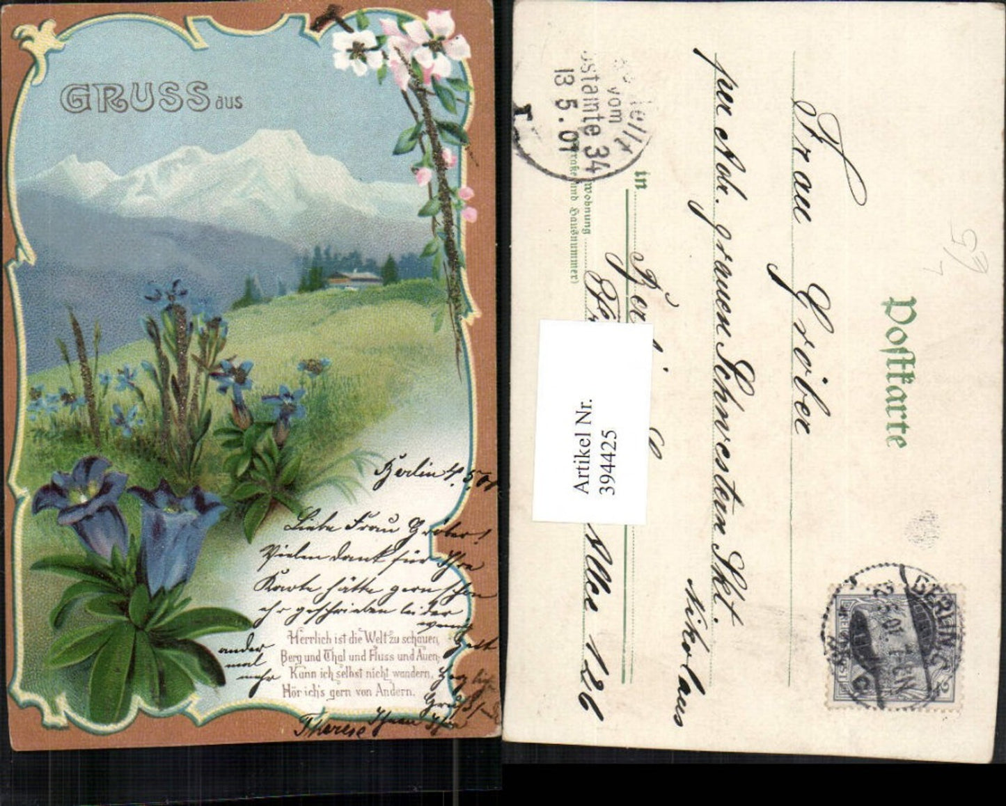 394425,Glitzer Künstler Litho Landschaft Bergkulisse Enzian Spruch