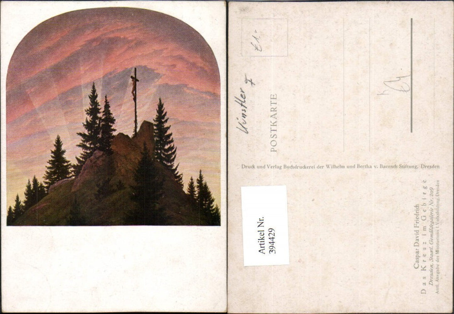 394429,Künstler AK Caspar David Friedrich Das Kreuz im Gebirge