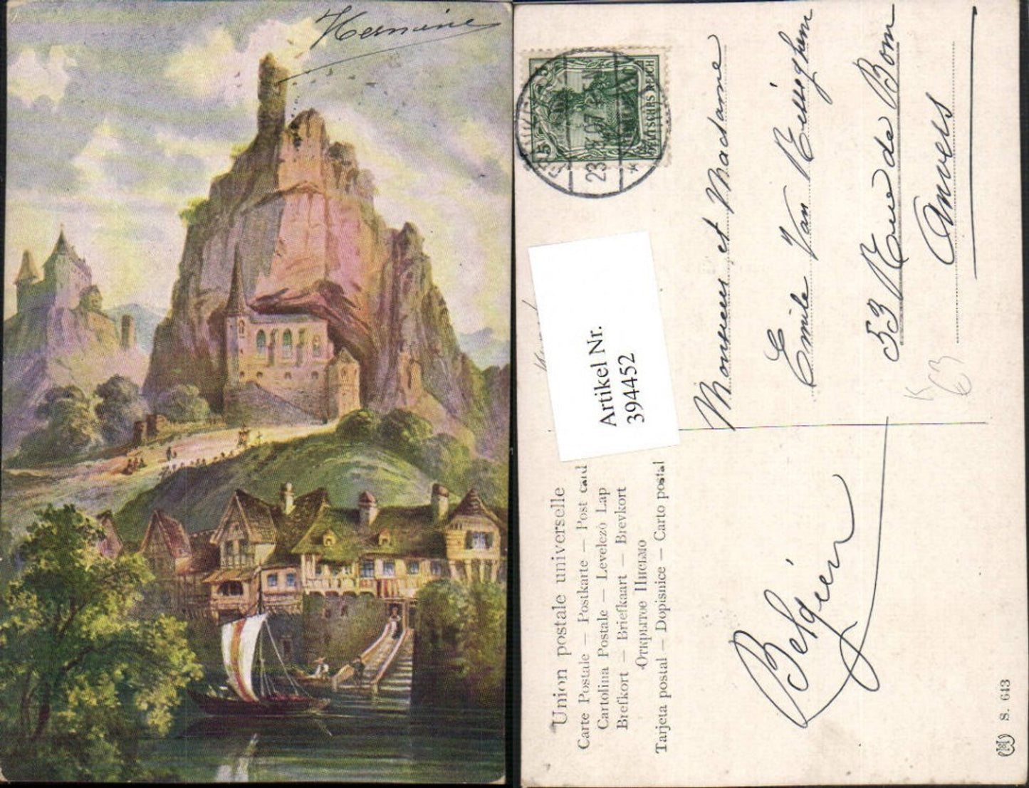 394452,Künstler AK Dorf Kirche Burg Segelboot Boot