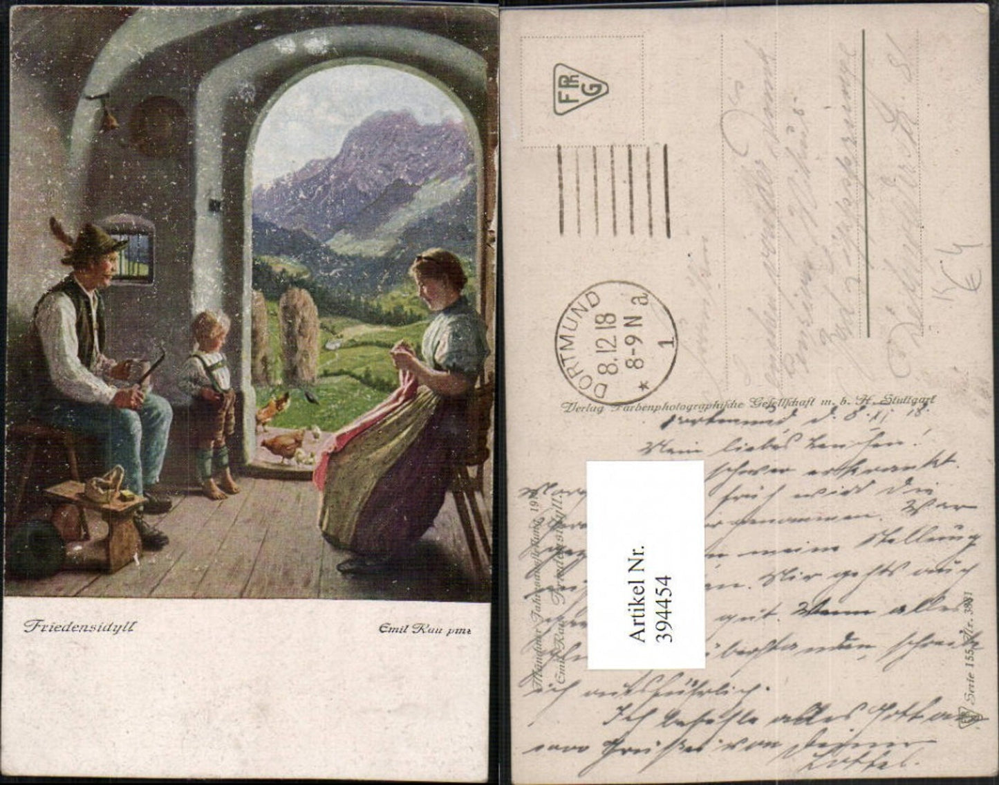 394454,Künstler AK Emil Rau Friedensidyll Familie Tracht Pfeife Stricken Hühner