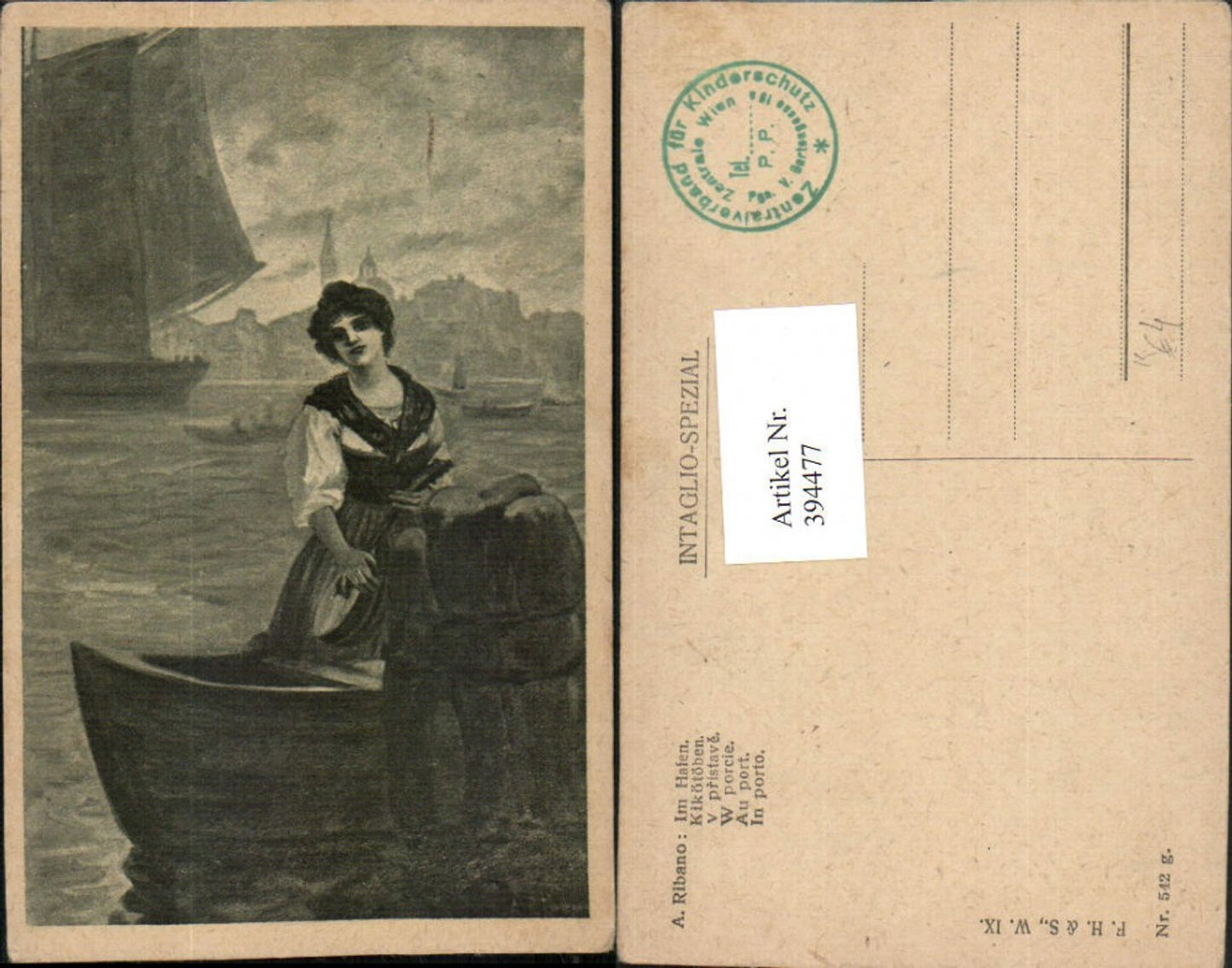 394477,Künstler AK A. Ribano Im Hafen Frau in Tracht Boot Segelboot