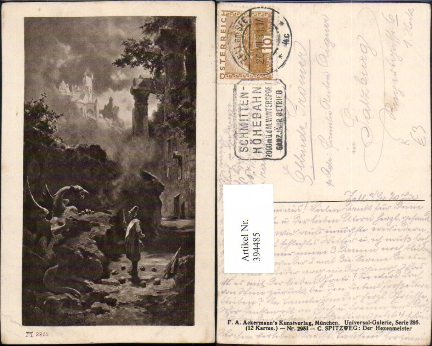 394485, Artist AK C. Spitzweg The Sorcerer Dragon pub A. Ackermann 2951