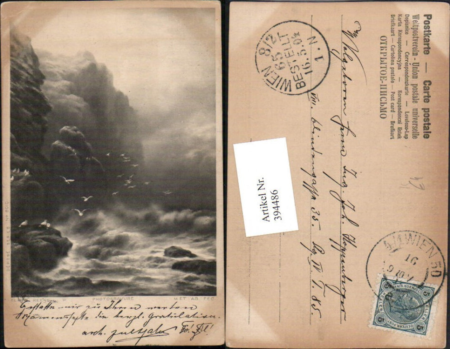 394486,Künstler AK Elmer Keene Küste Steilküste Sturm Möwen