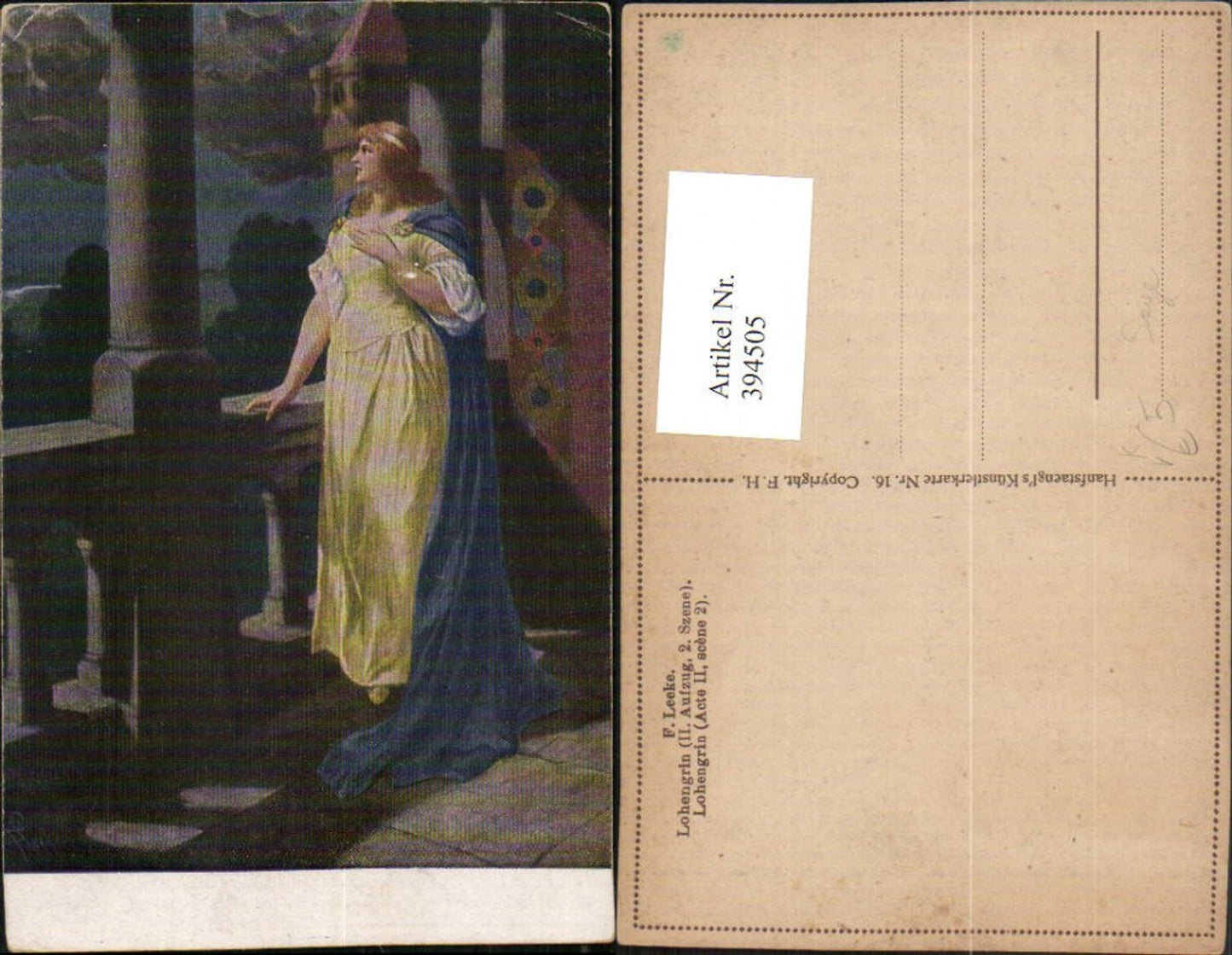 394505,Künstler AK F. Leeke Sage Lohengrin Frau m. Kleid pub Hanfstaengl 16