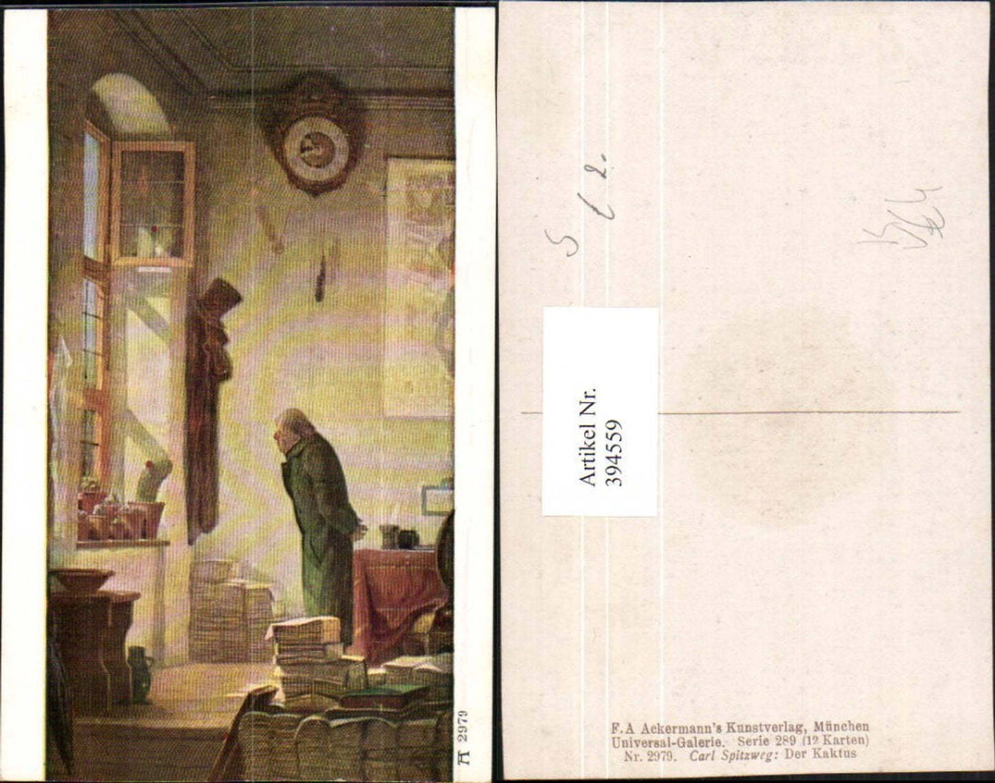 394559,Künstler AK Carl Spitzweg Der Kaktus Mann m. Mantel Pendeluhr pub A. Ackermann 2979
