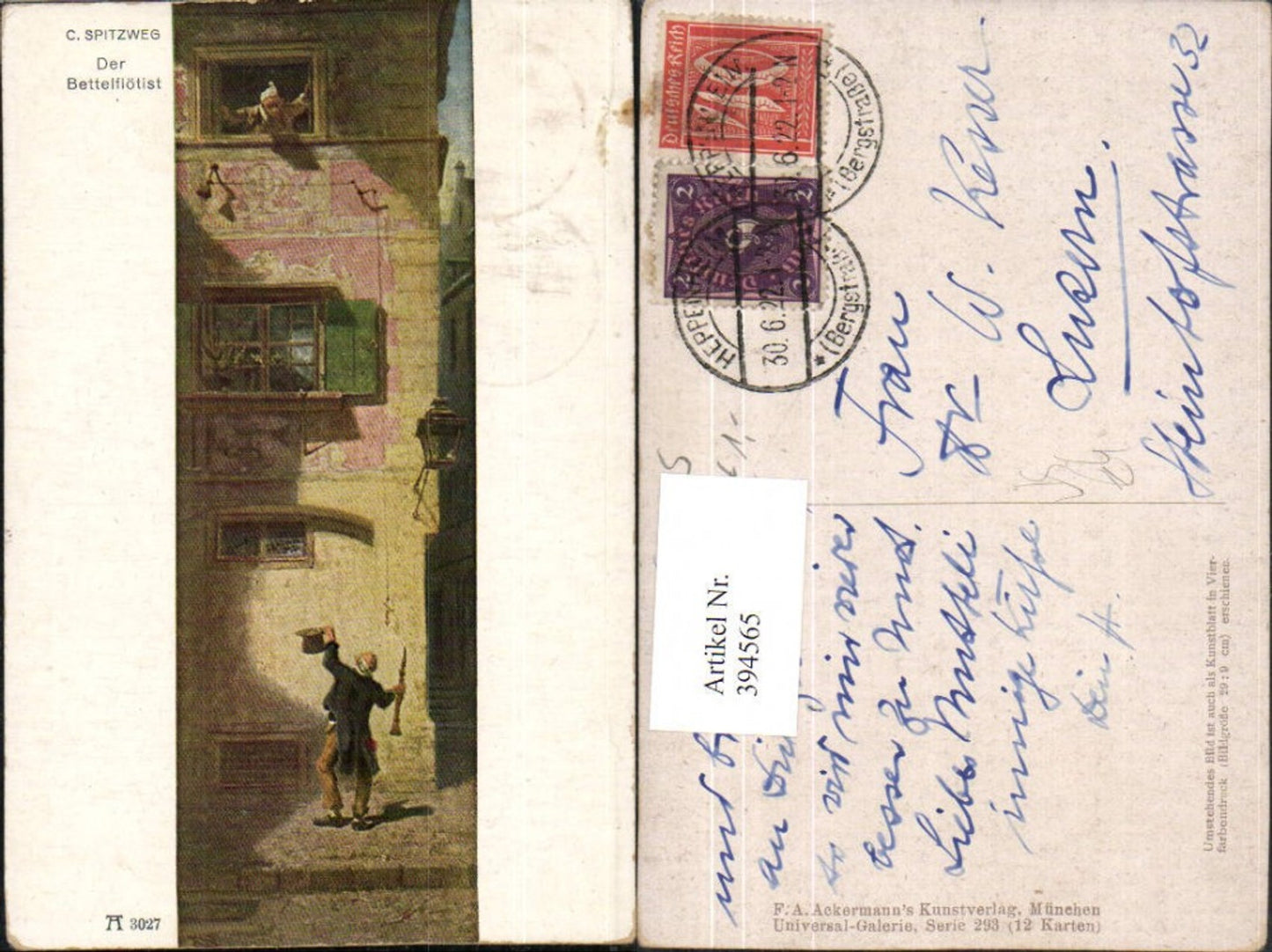 394565,Künstler AK C. Spitzweg Der Bettelflötist Flöte pub A. Ackermann 3027