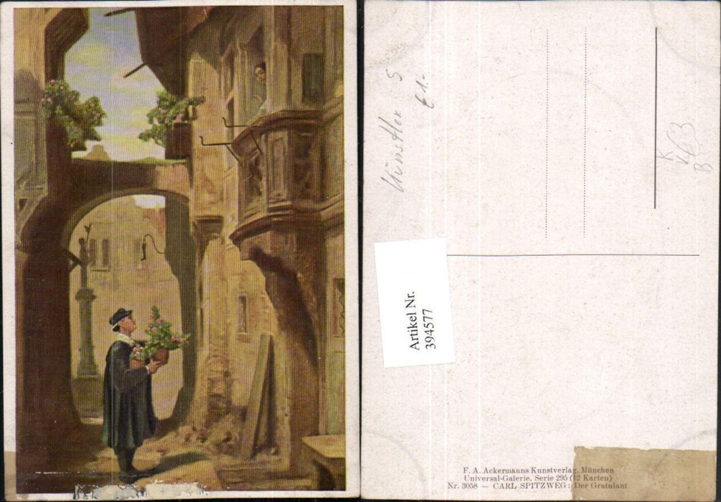394577,Künstler AK Carl Spitzweg Der Gratulant Blumen pub A. Ackermann 3058