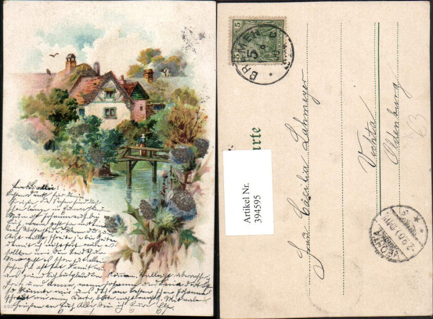 394595,Glitzer Künstler AK Landschaft Haus Brücke