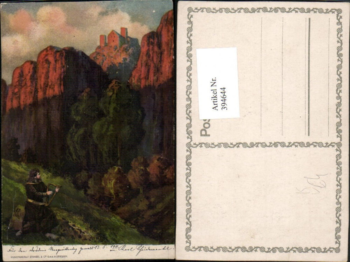 394644,Künstler AK Landschaft Mann m. Harfe Burg pub Stengel & Co