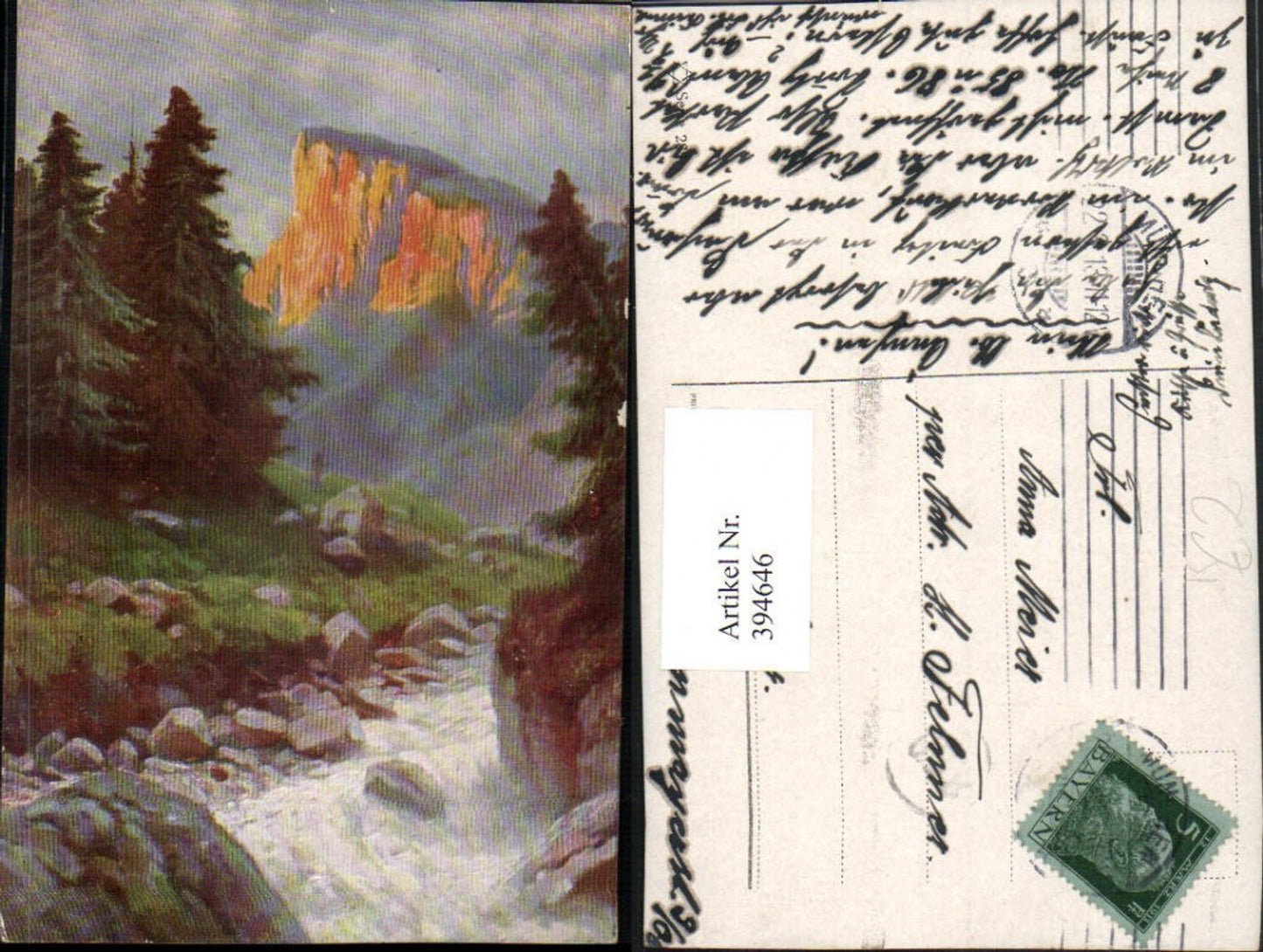 394646,Künstler AK Landschaft Wildbach Bergkulisse
