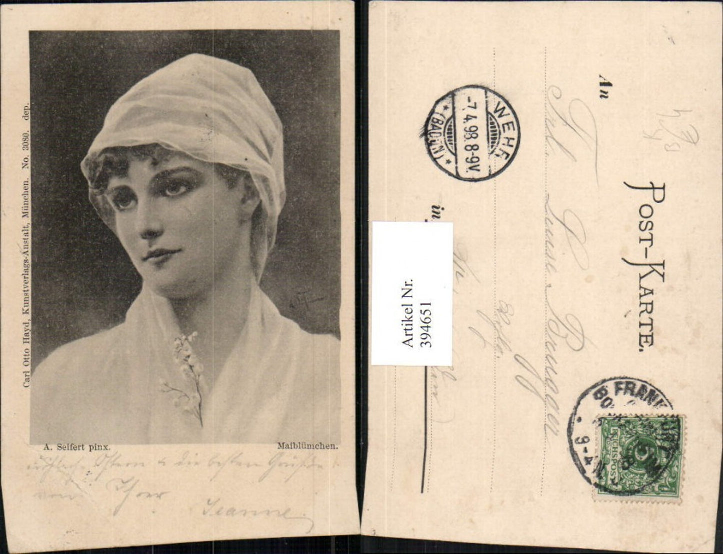 394651,Künstler AK A. Seifert Maiblümchen Frau Portrait pub Carl Otto Hayd 3080