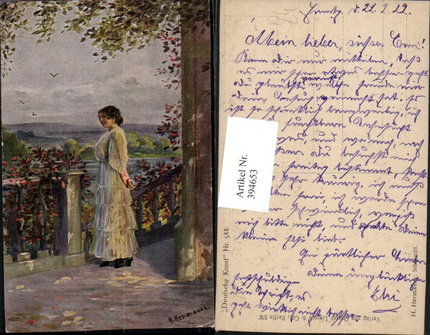 394653, Artist AK H. Hermann's Longing Woman with Dress Terrace