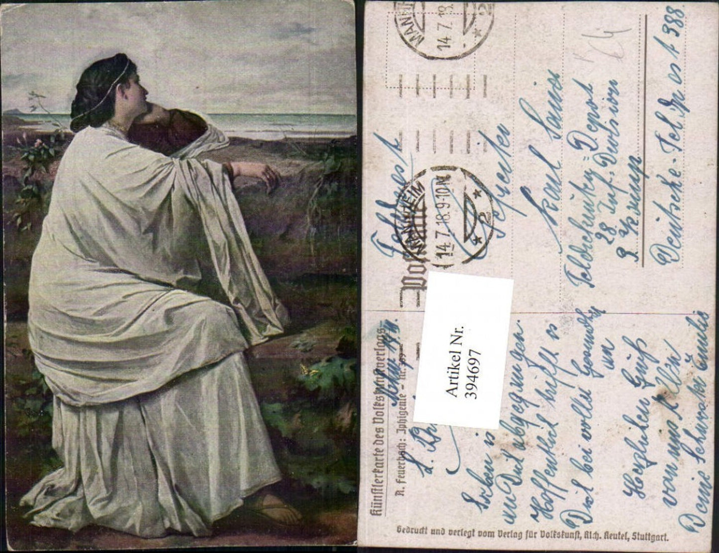 394697, Artist AK A. Feuerbach Iphigenia Woman with Toga pub Volkskunstverlag 309