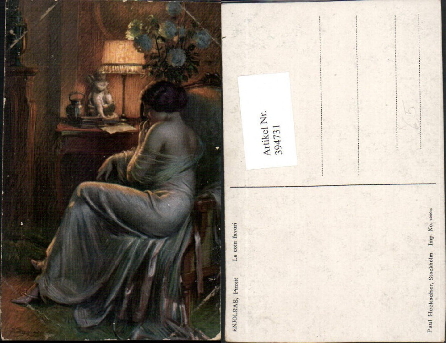 394731,Künstler AK Enjolras Pinxit Frau m. Kleid Stuhl Tischlampe pub Heckscher 1220/5