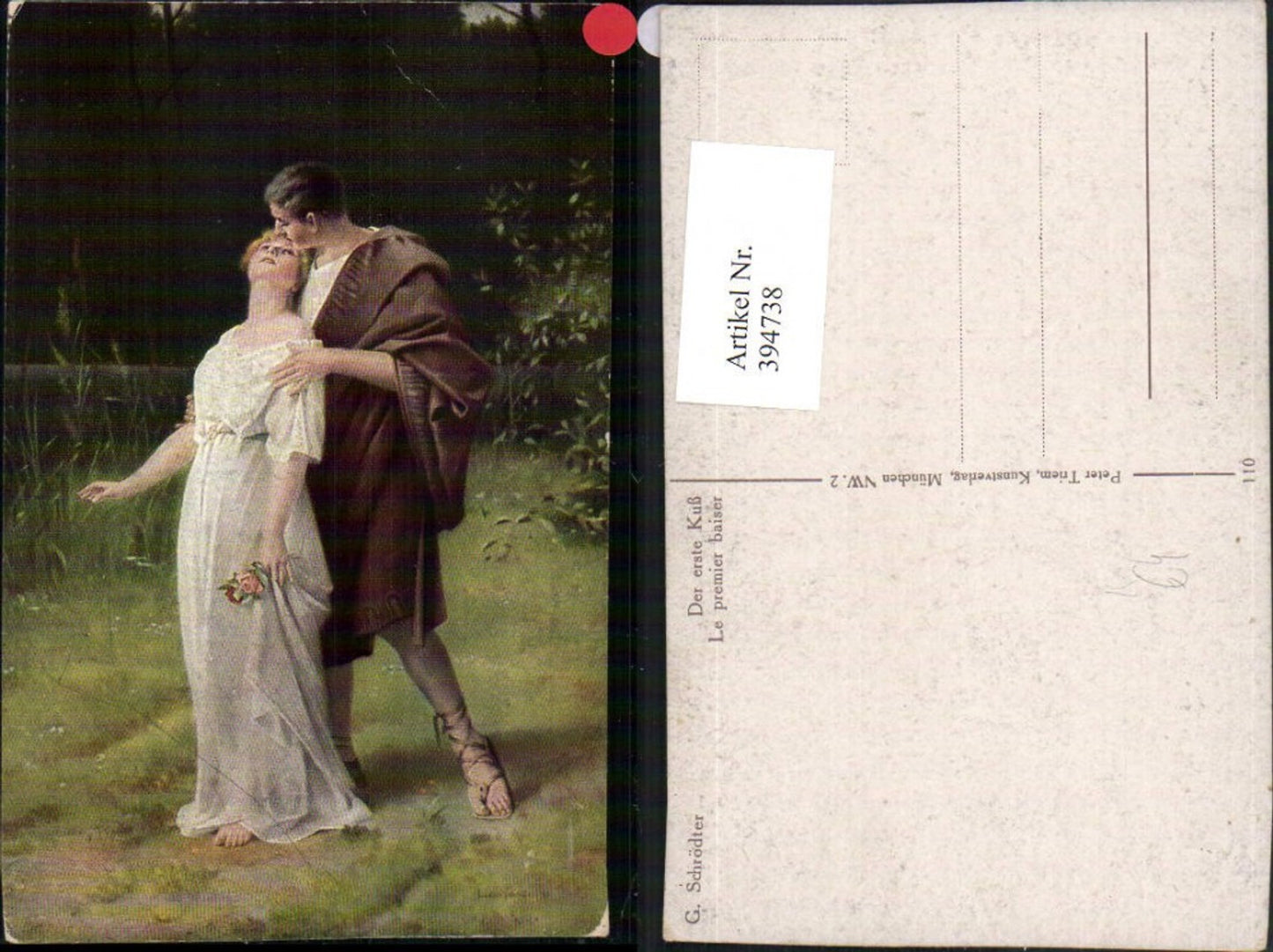 394738,Künstler AK G. Schrödter Der erste Kuss Liebe Paar Sandalen