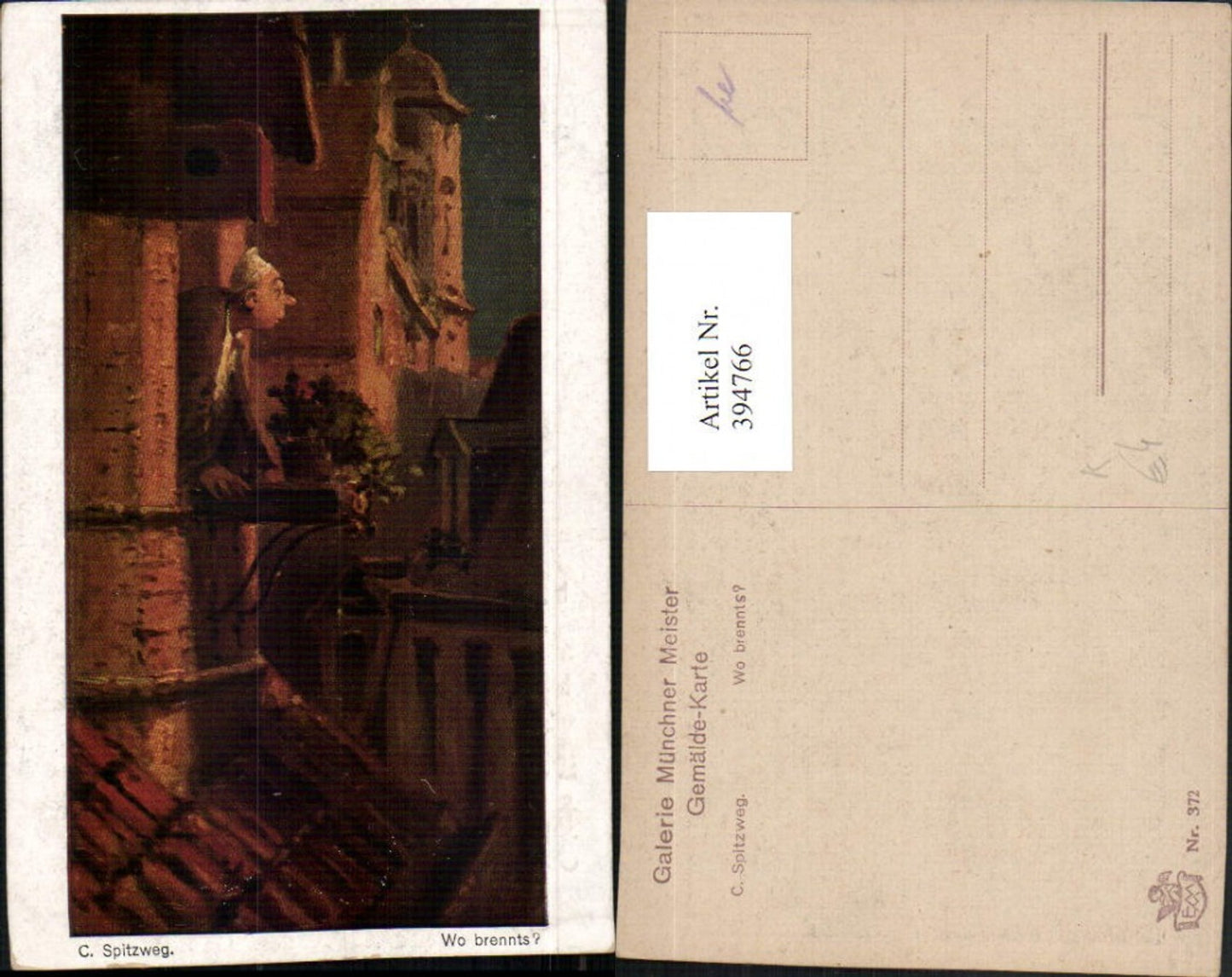 394766,Künstler AK C. Spitzweg Wo brennts Mann schaut aus dem Fenster