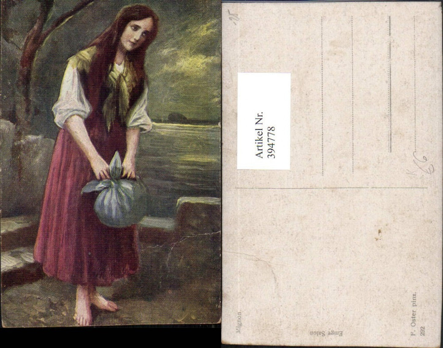 394778,Künstler AK F. Oster Mignon Frau m. Kleid Sack Beutel