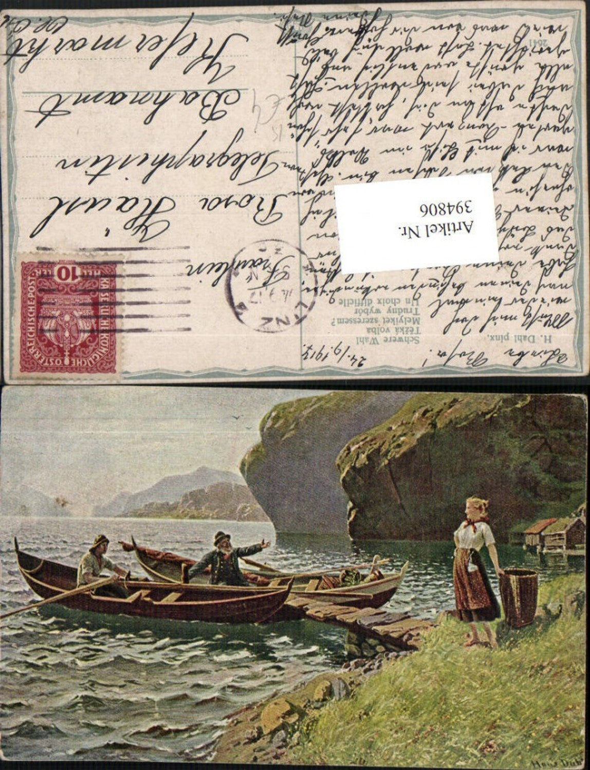 394806, Artist AK H. Dahl Heavy Choice Landscape Woman Men in Boats