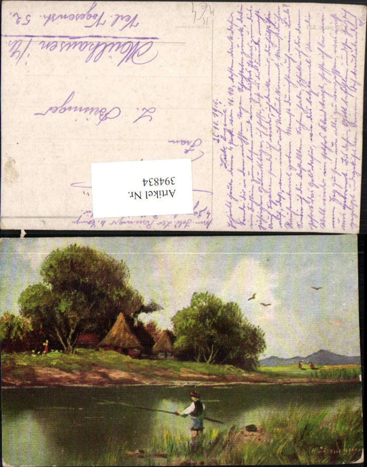 394834,Künstler AK Hugo Lissmann Landschaft Angler Fischer Hütte