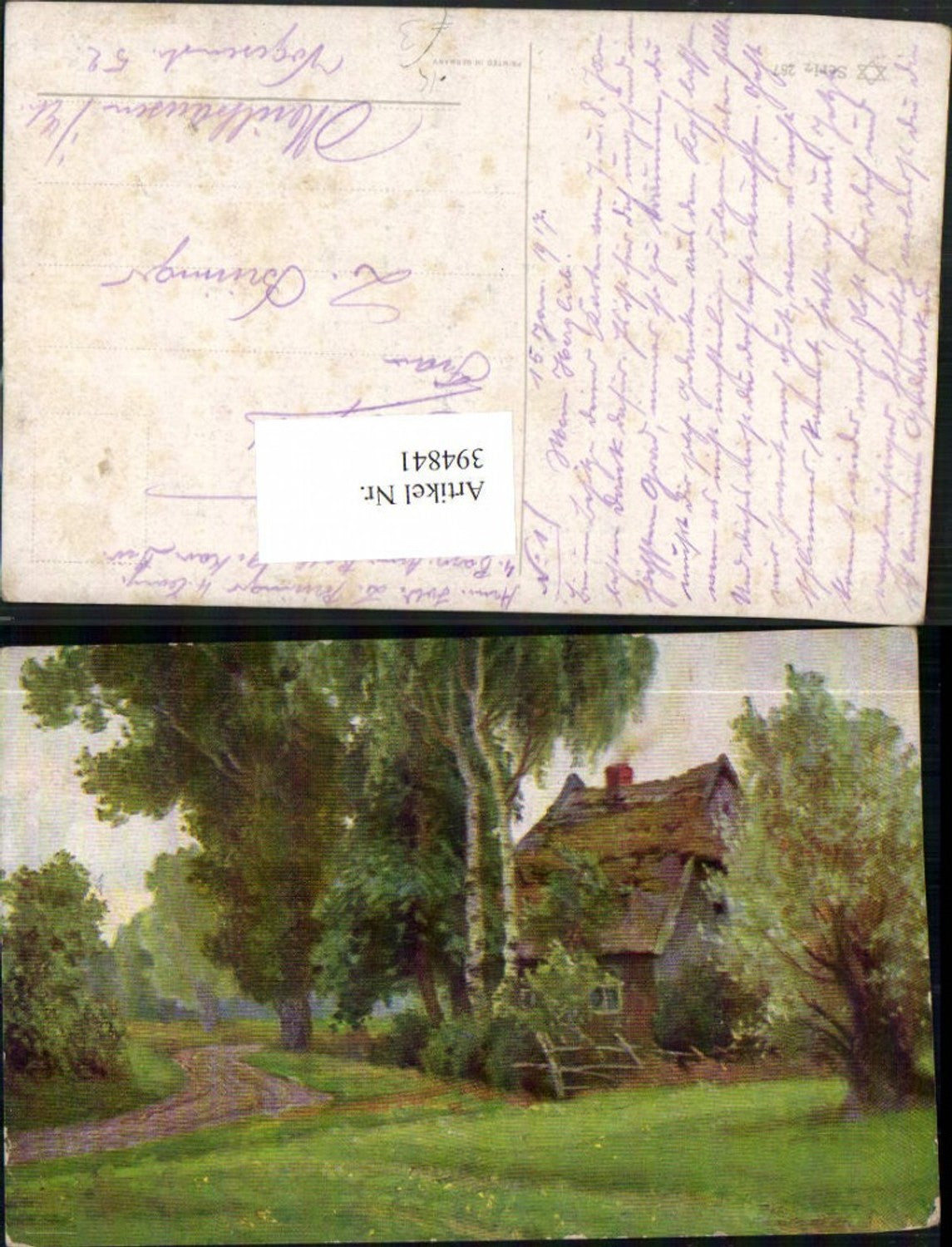 394841,Künstler AK Landschaft Haus Wegpartie