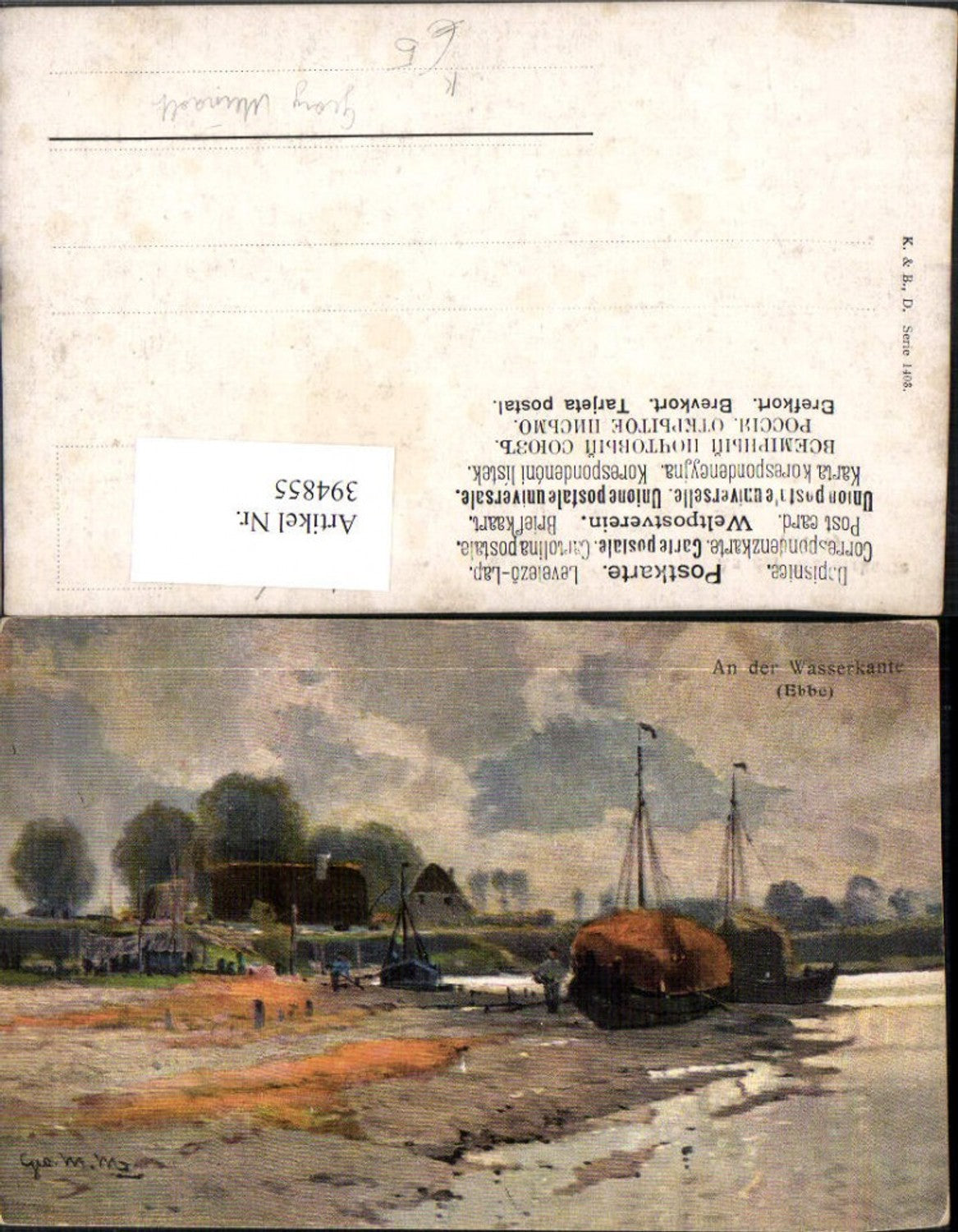 394855,Künstler AK Georg Meinzolt An der Wasserkante Ebbe Boote