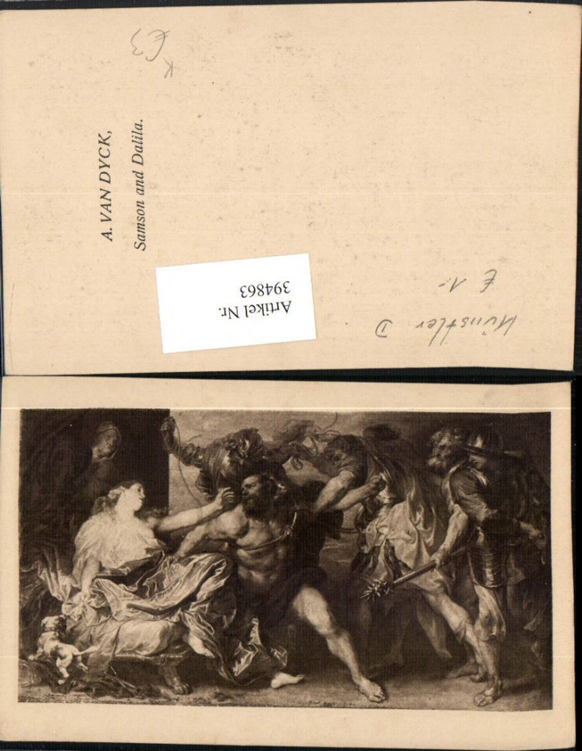394863,Künstler AK A. Van Dyck Samson and Dalila Kämpfer Hund