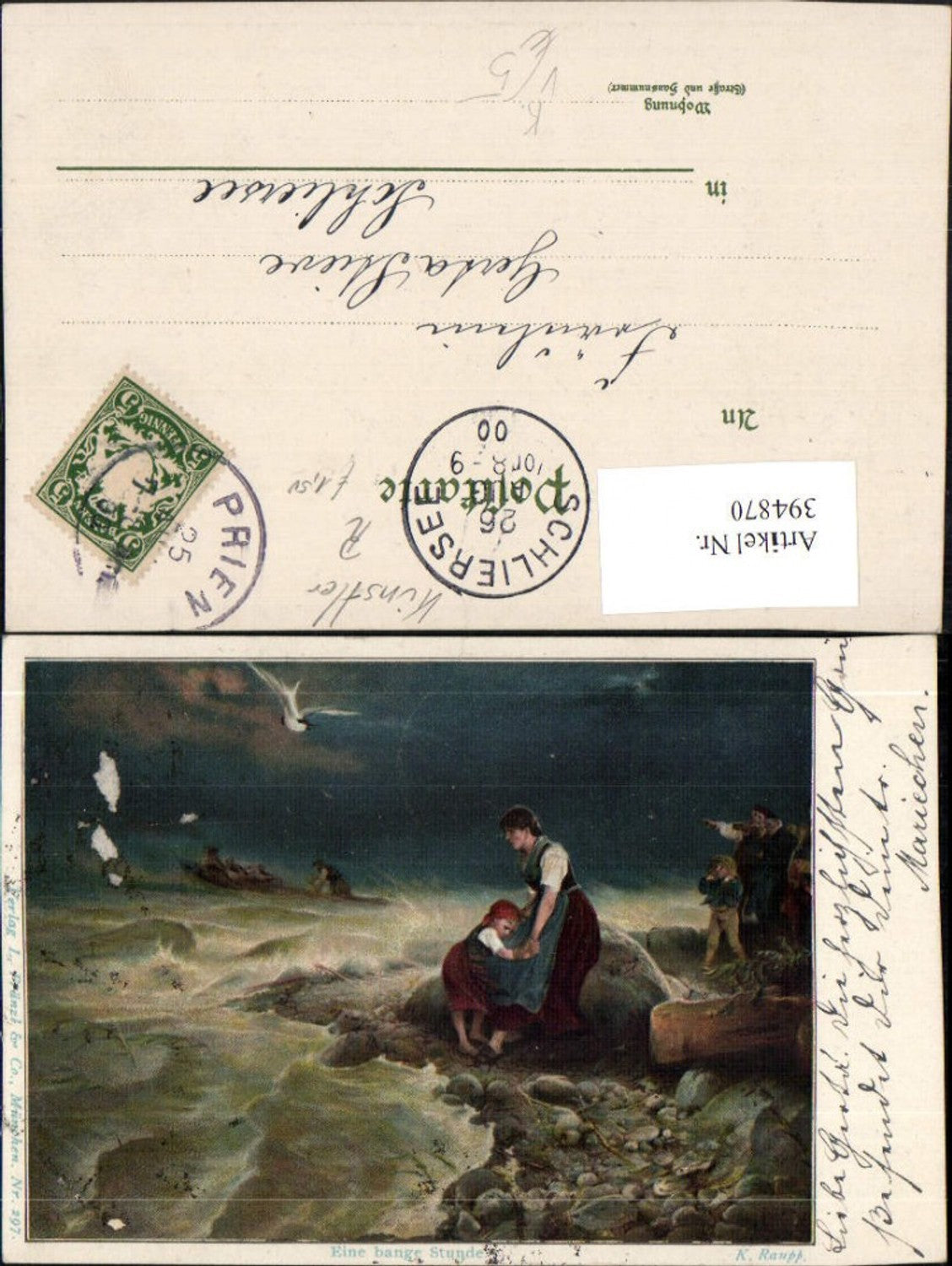 394870,Künstler AK K. Raupp Eine bange Stunde Küste Sturm pub Fränzl & Co 297