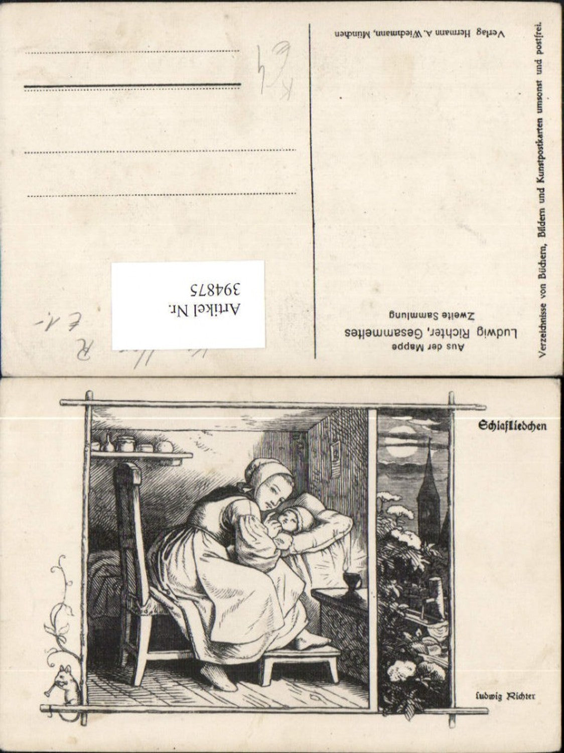 394875,Künstler AK Ludwig Richter Schlafliedchen Mutter m. Kind Bett