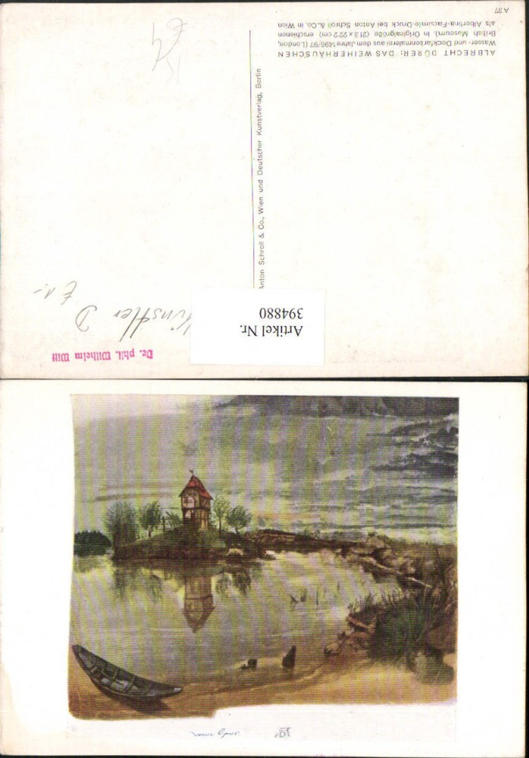 394880,Künstler AK Albrecht Dürer Das Weiherhäuschen Landschaft Boot