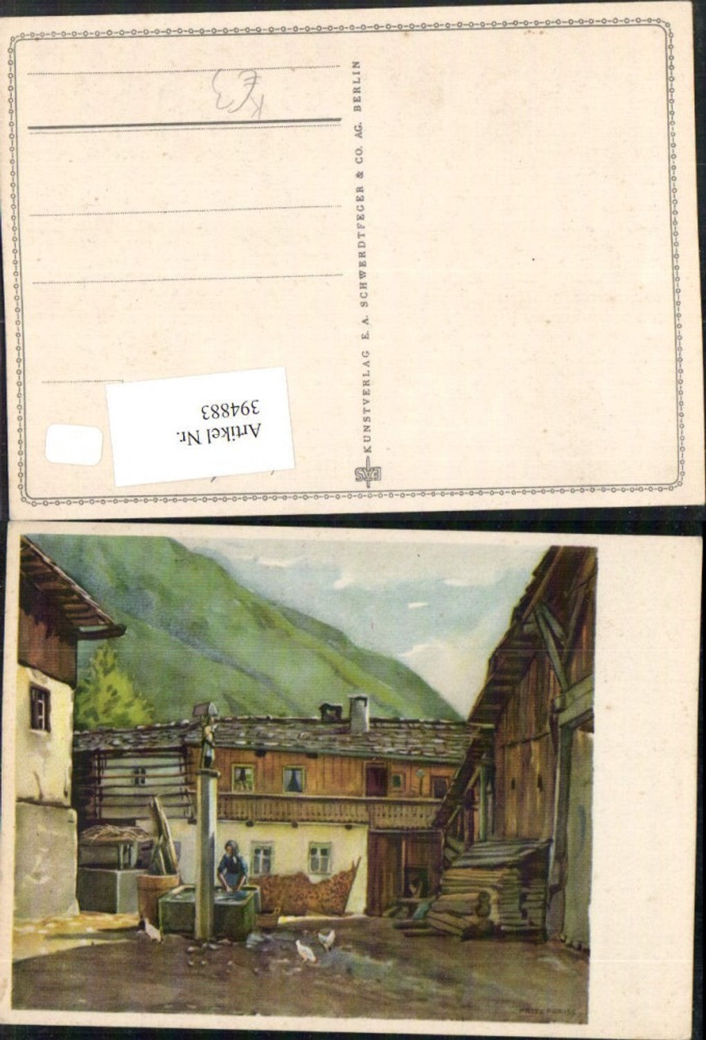 394883,Künstler AK Fritz Preuss Bauernhaus Brunnen Hühner
