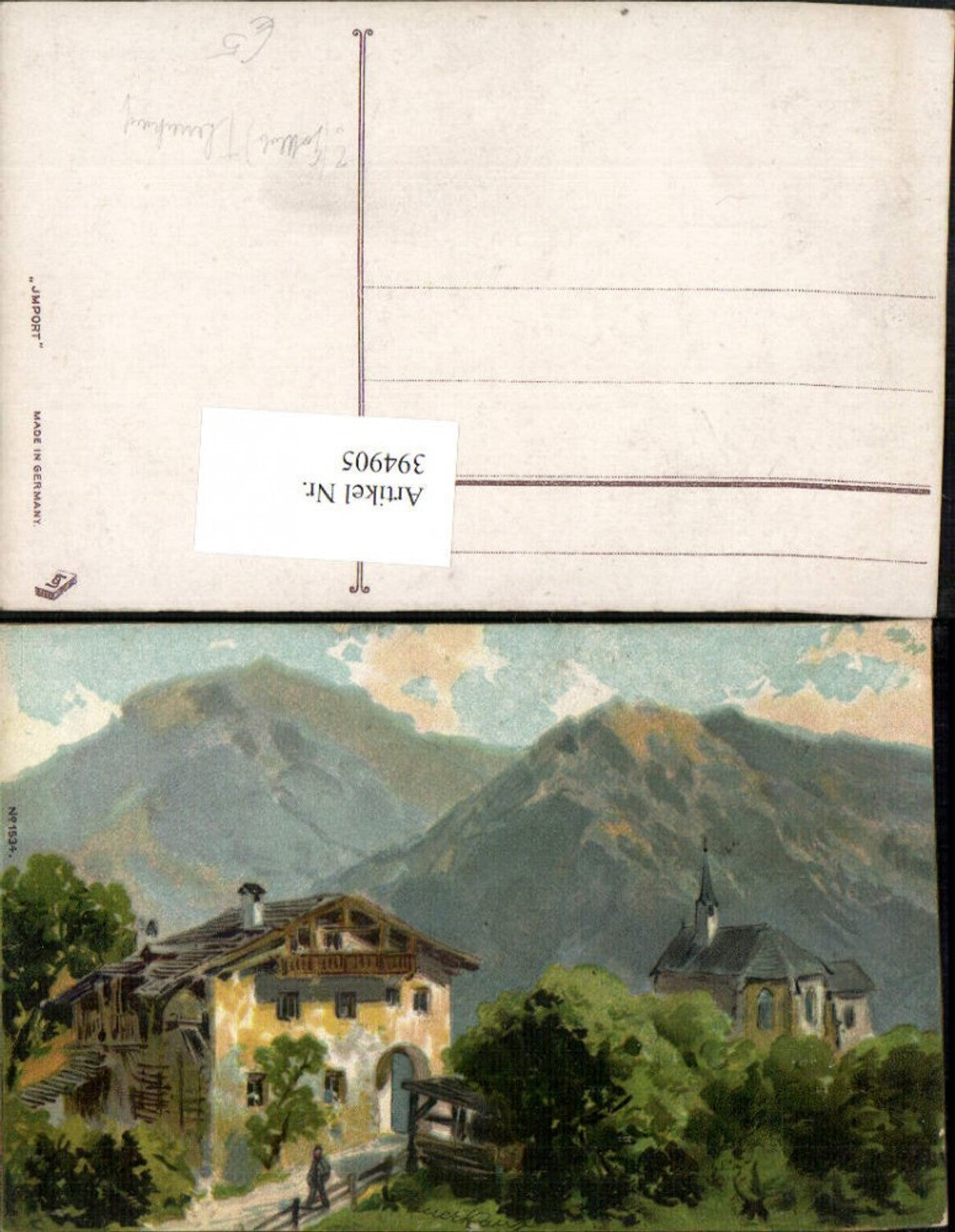 394905,Künstler AK Gottlob Theuerkauf Kirche Haus Bergkulisse