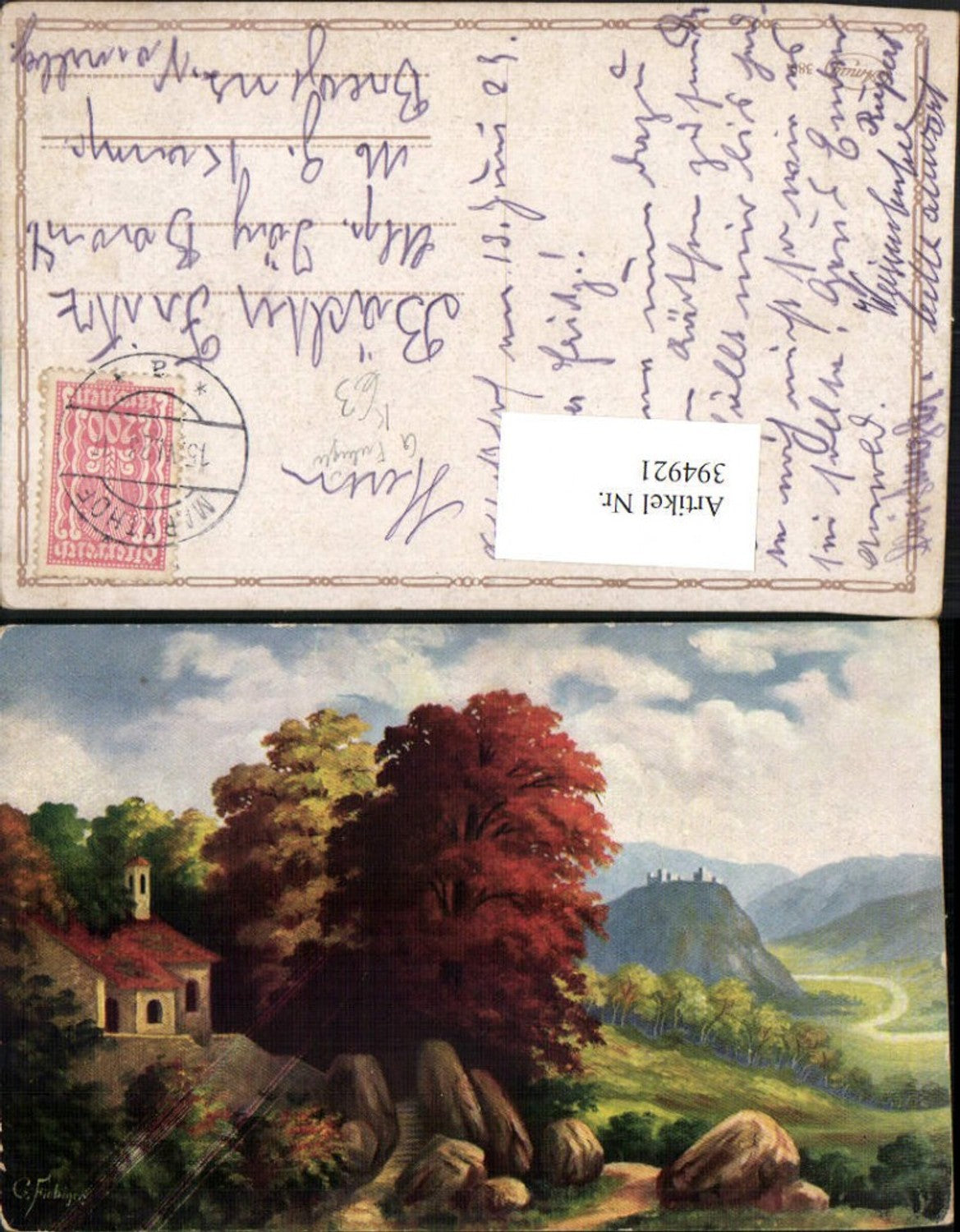 394921,Künstler AK G. Fiebiger Landschaft Kirche Burg