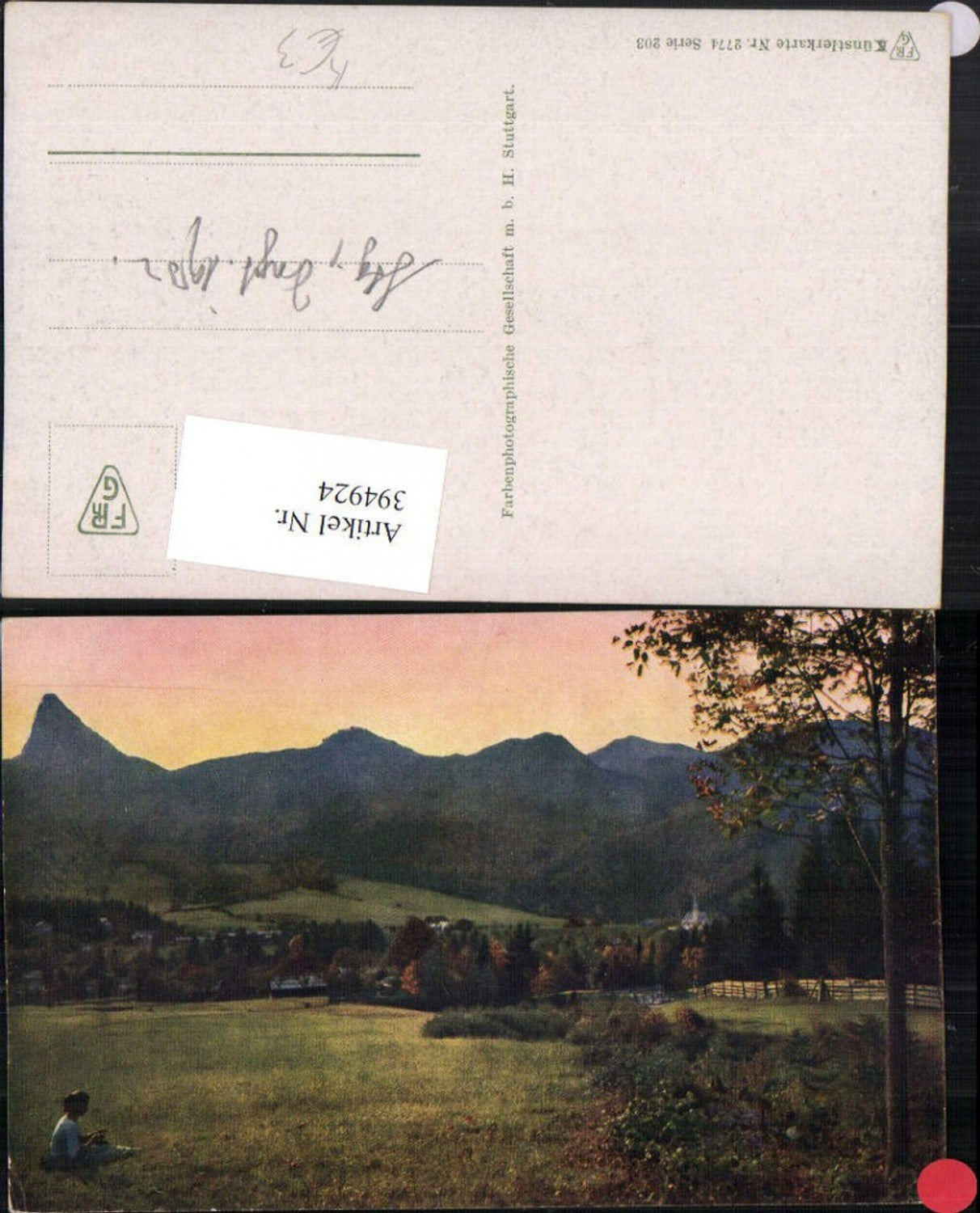 394924,Künstler AK Landschaft Frau b. Stricken Bergkulisse