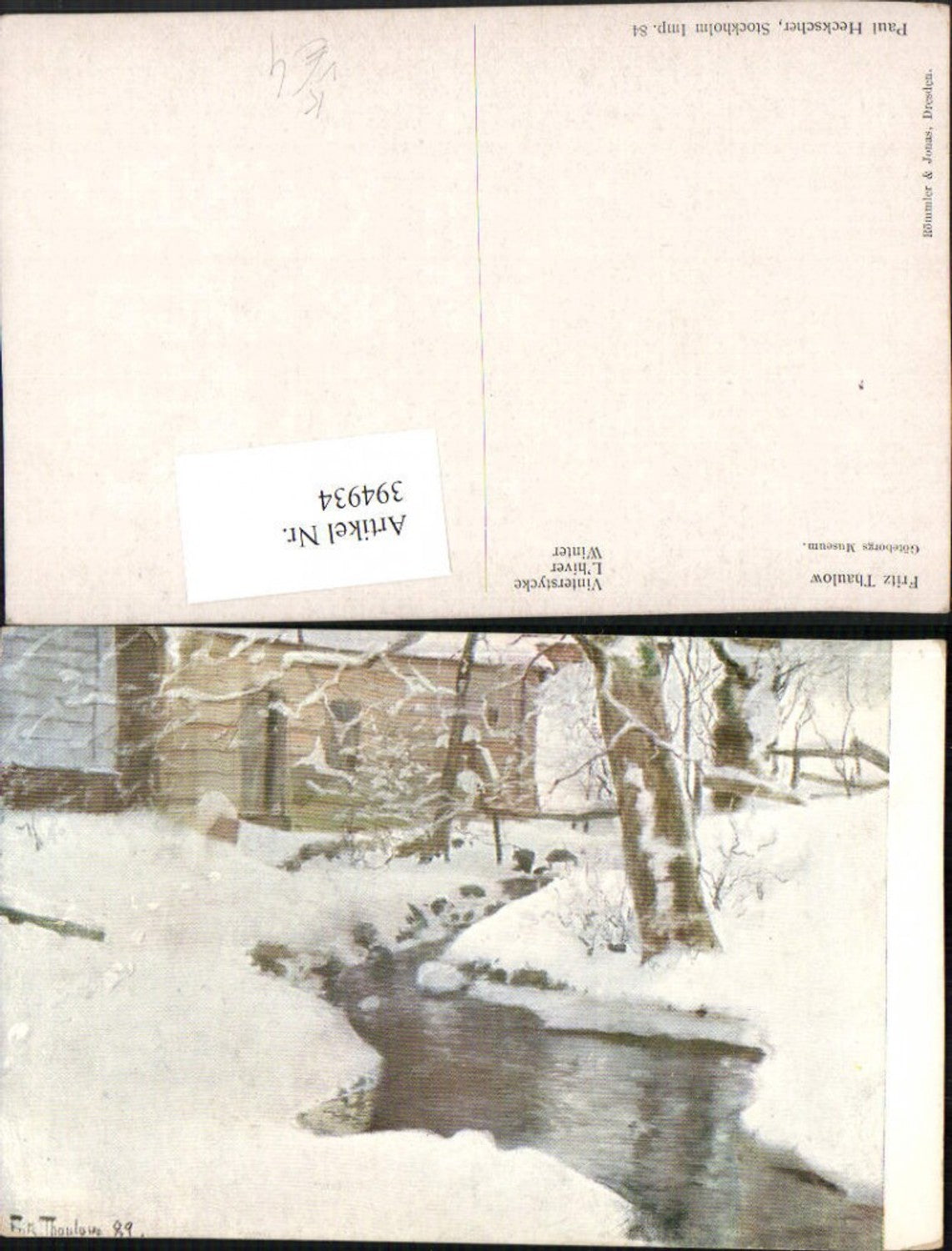 394934, Artist AK Fritz Thaulow Vinterstycke Winter Bach pub Paul Heckscher 84