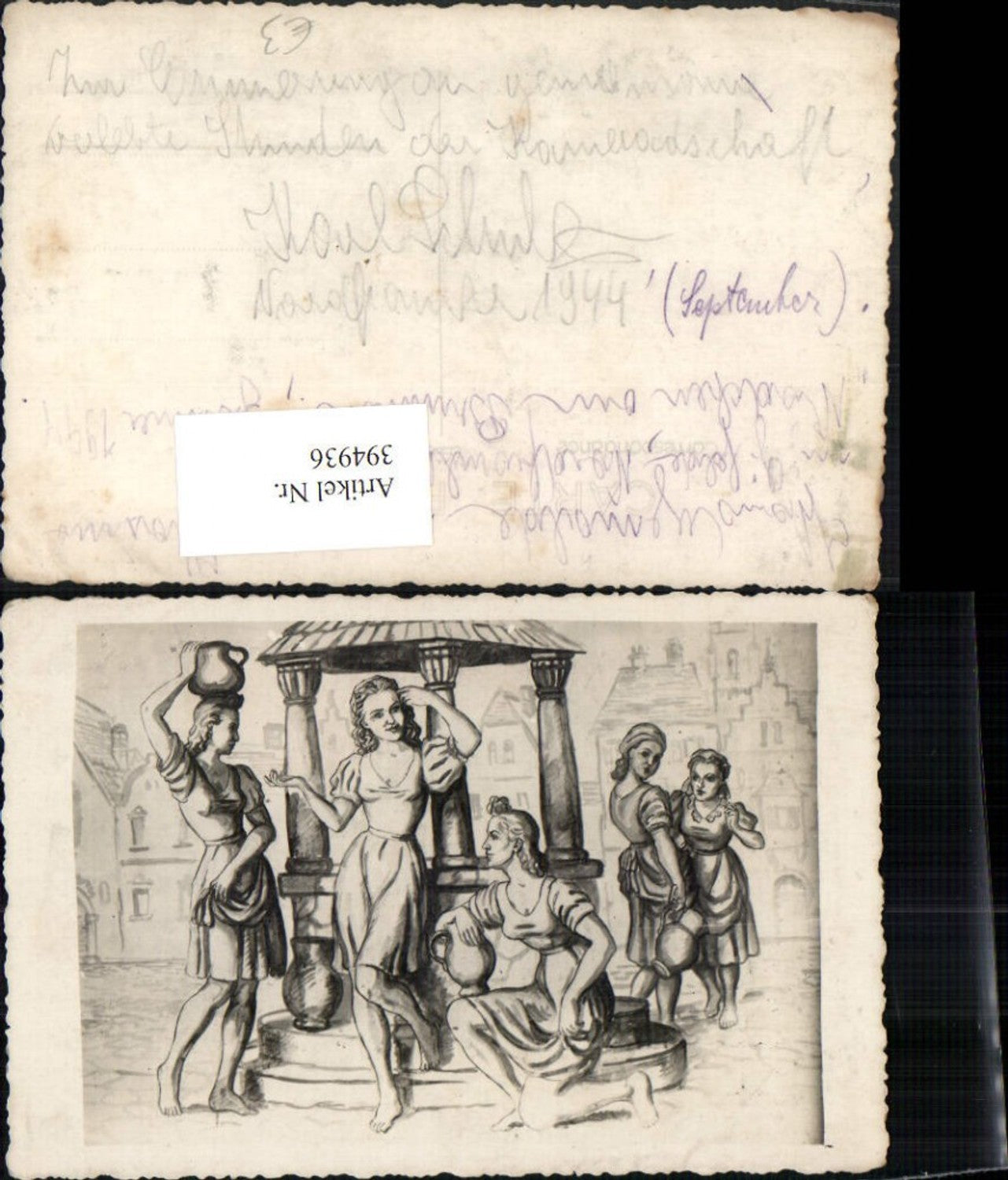 394936,Künstler AK Frauen m. Kleider Krüge Brunnen
