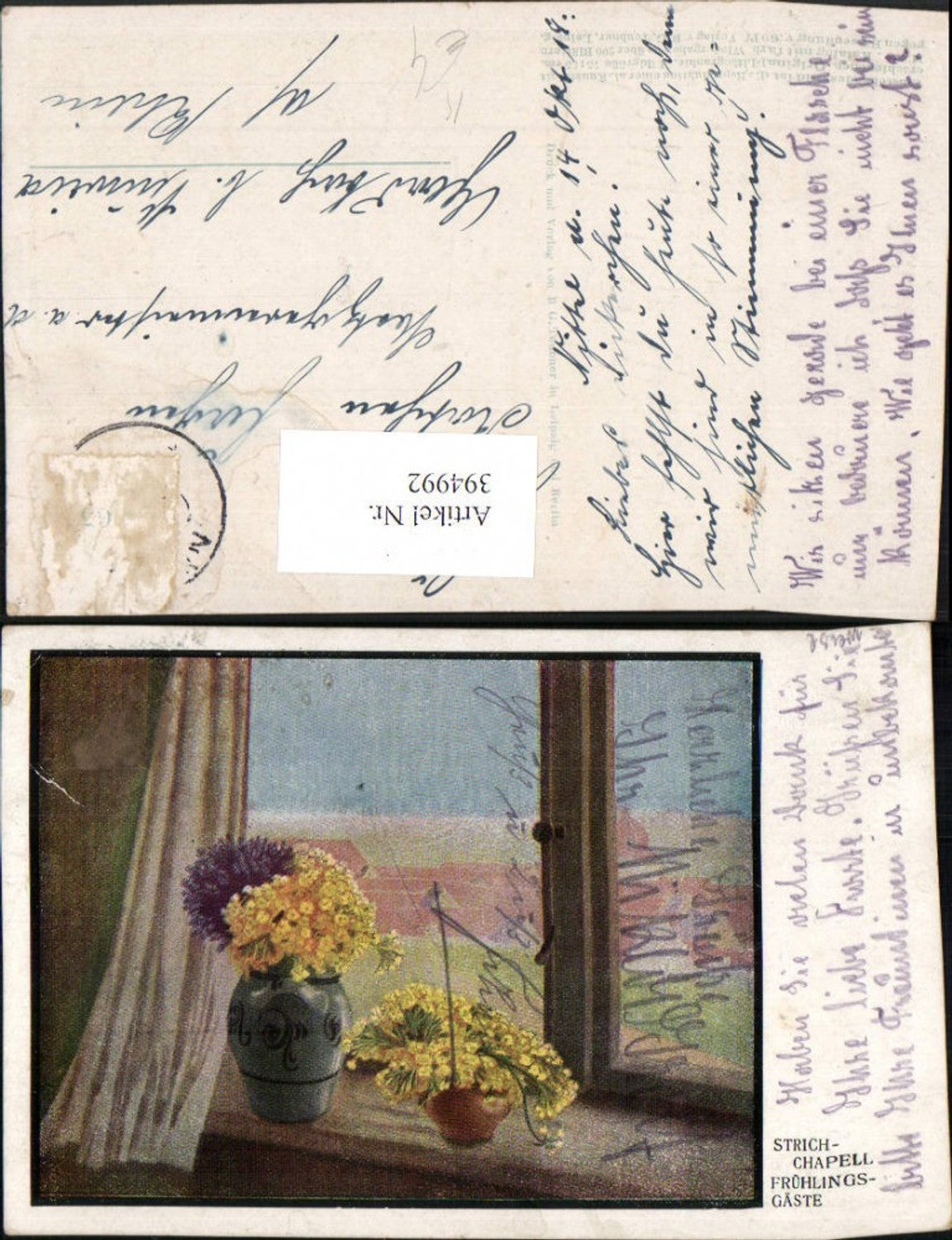 394992,Künstler AK Strich-Chapell Frühlingsgäste Blumen Fenster