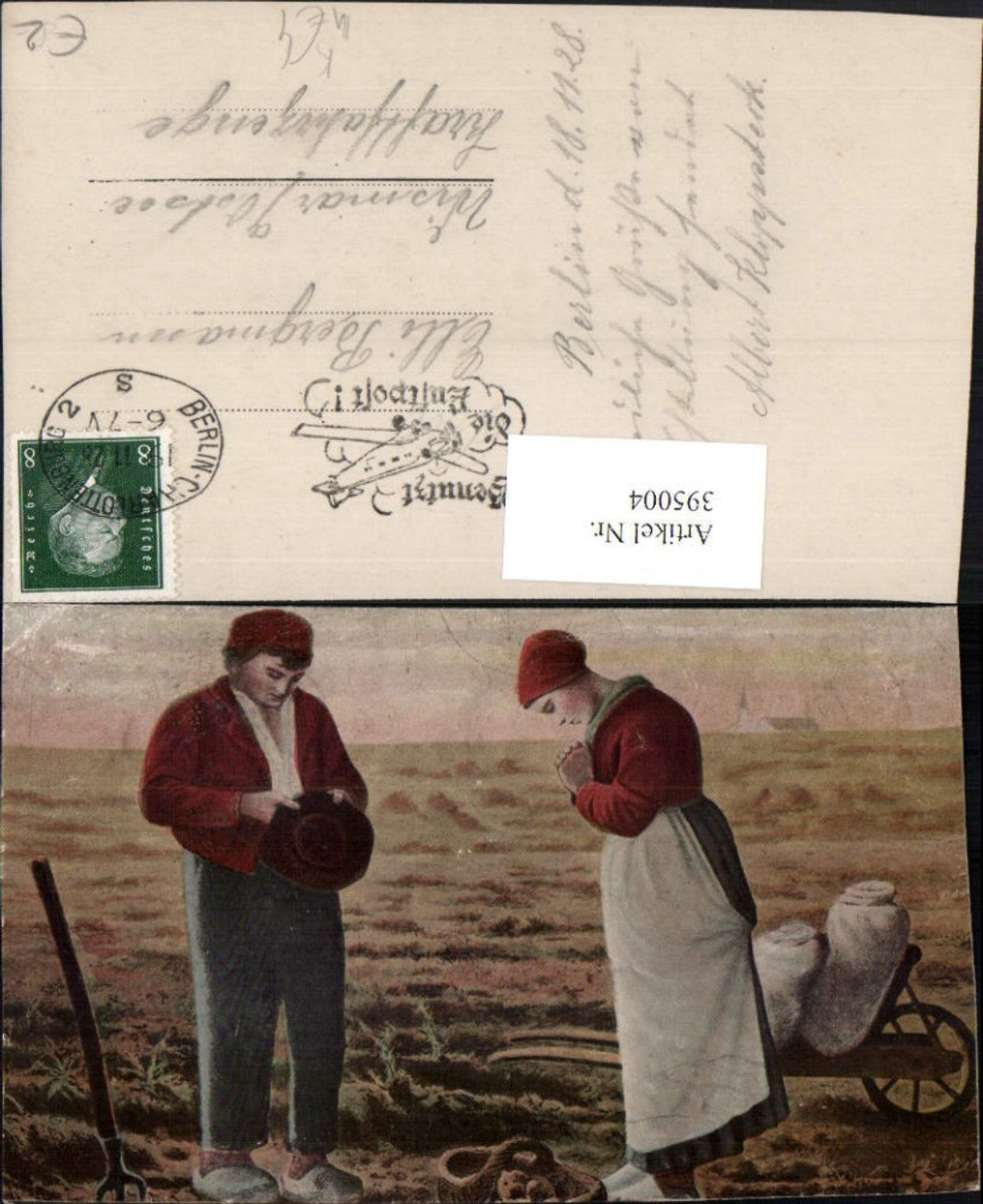 395004,Künstler AK Landschaft Feld Ernte Bauern Frau b. Beten Schubkarre