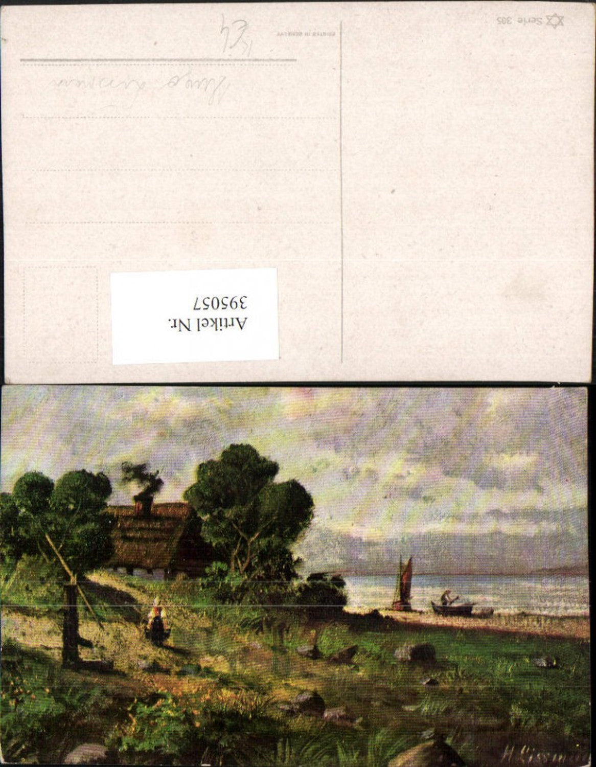 395057,Künstler AK Hugo Lissmann Landschaft Brunnen Haus Ufer Boote