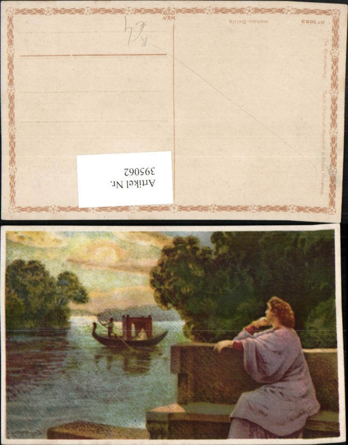 395062,Künstler AK Ernst Kiesling In Erwartung Frau m. Kleid Bank Gondel Boot