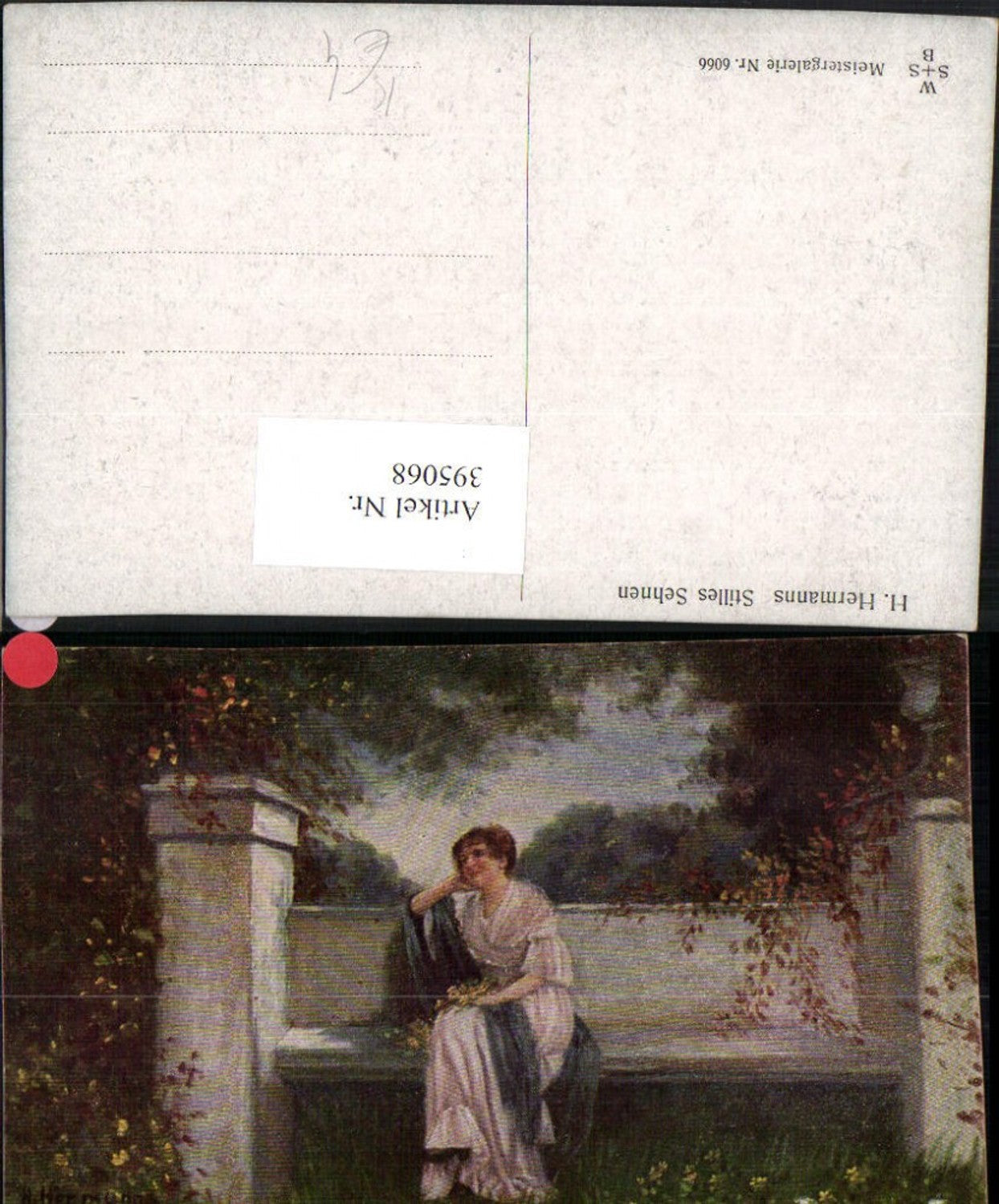 395068,Künstler AK H. Hermanns Stilles Sehnen Frau m. Kleid Bank Blumen