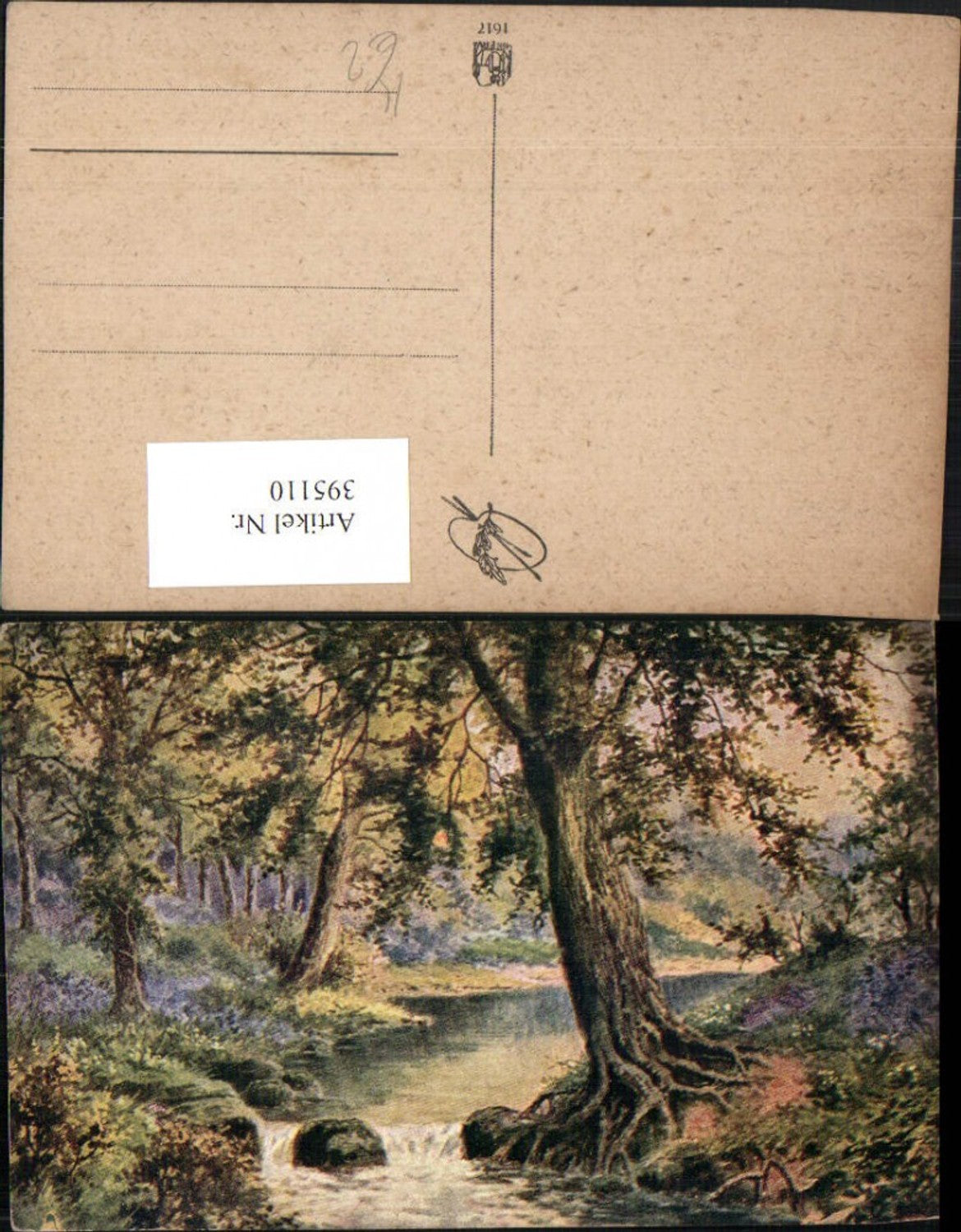 395110,Künstler AK Landschaft Bach Wald Bäume