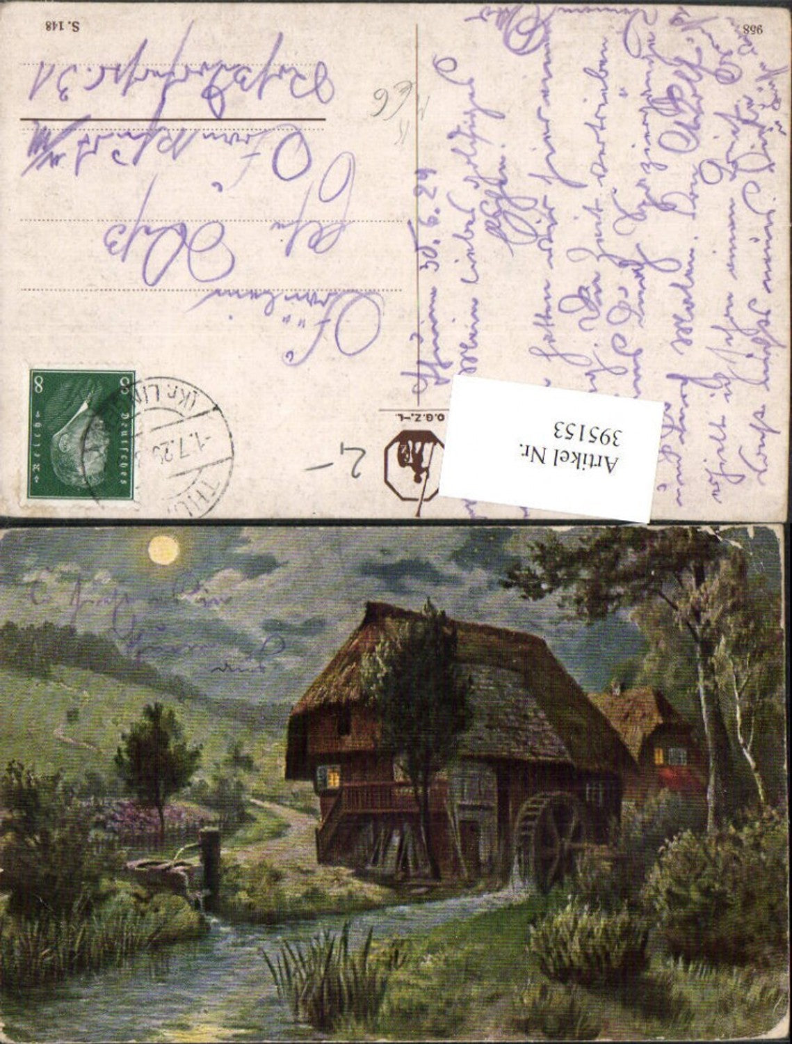 395153,Künstler AK Landschaft Wassermühle Mühle Mondschein