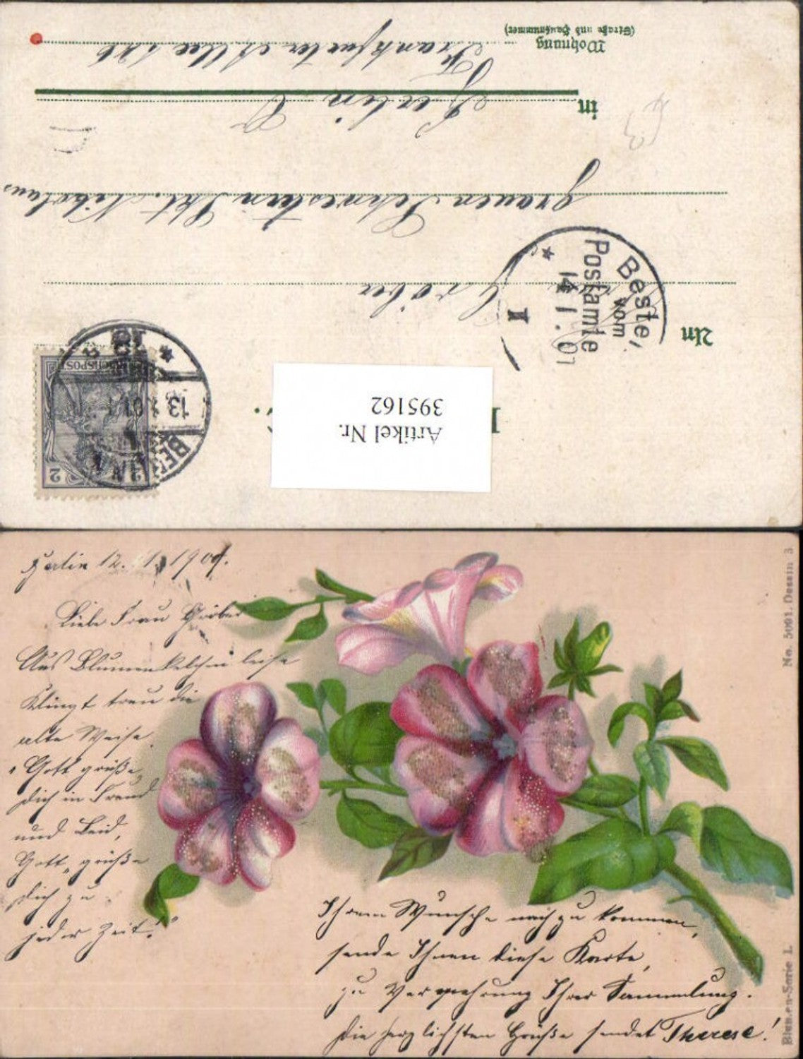 395162,Künstler AK Applikation Glasperlen Blumen